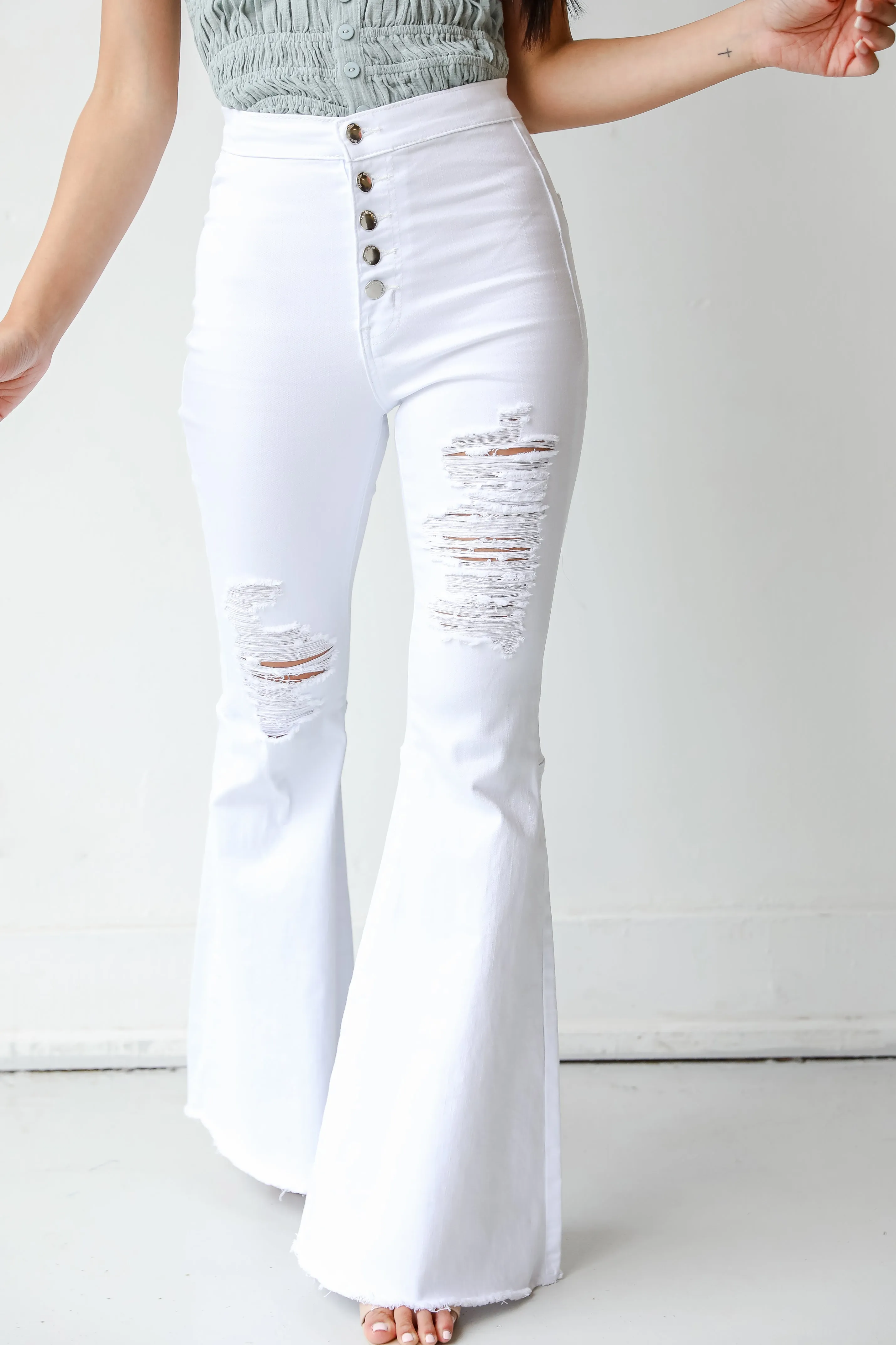 All That And More White Distressed Flare Jeans