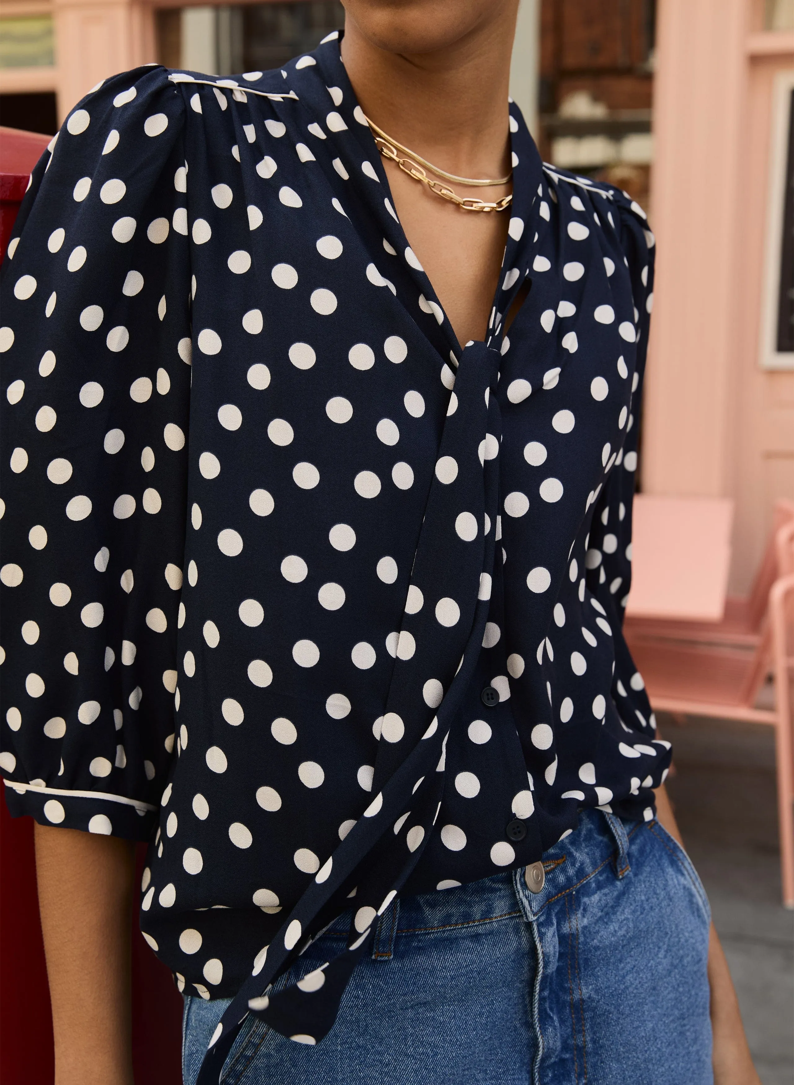 Amalie LENZING? ECOVERO? Printed?Tie Neck?Blouse | Navy Mini Polka