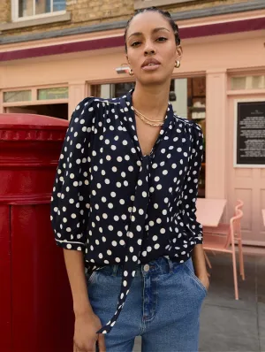 Amalie LENZING? ECOVERO? Printed?Tie Neck?Blouse | Navy Mini Polka