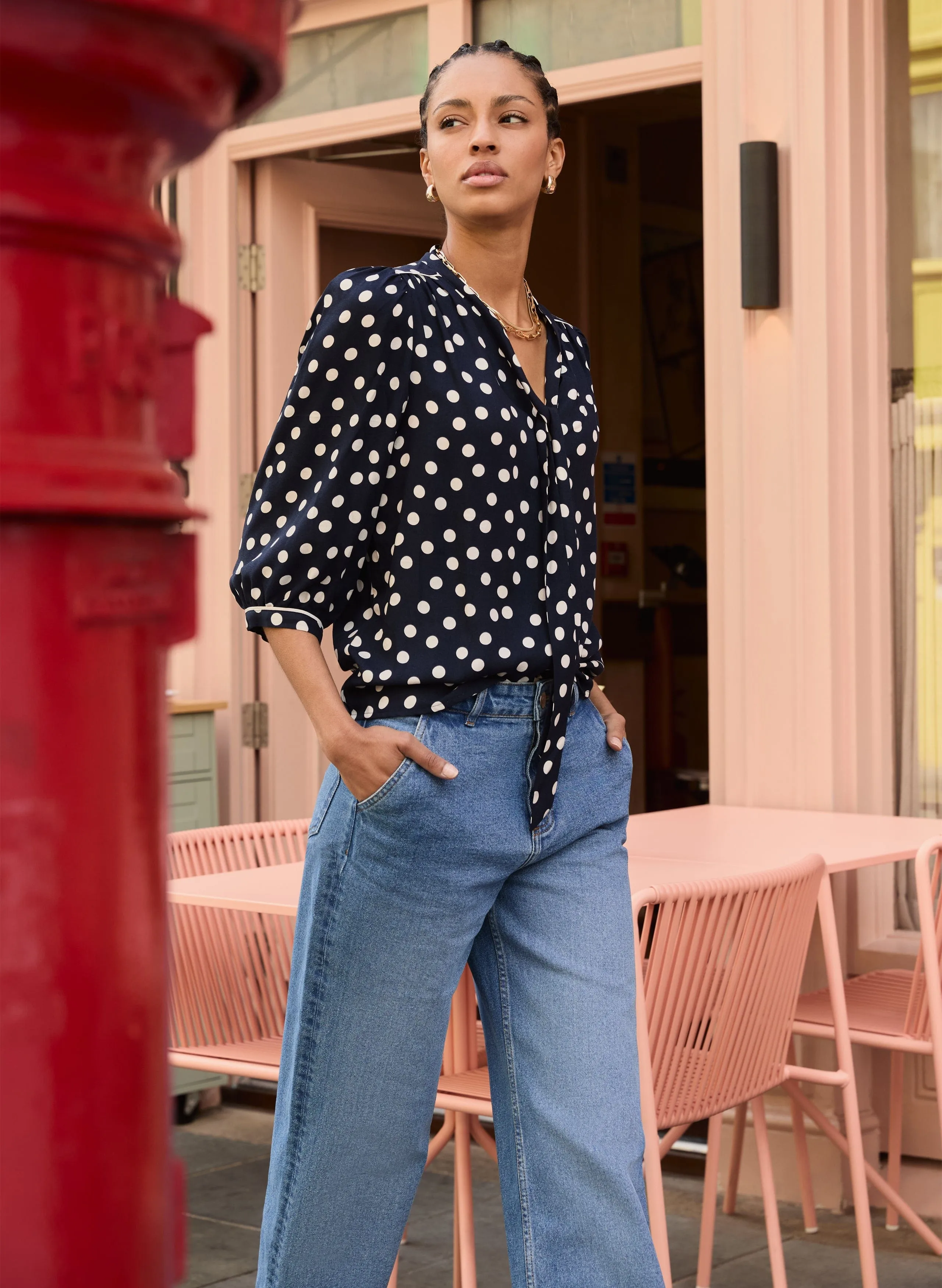 Amalie LENZING? ECOVERO? Printed?Tie Neck?Blouse | Navy Mini Polka