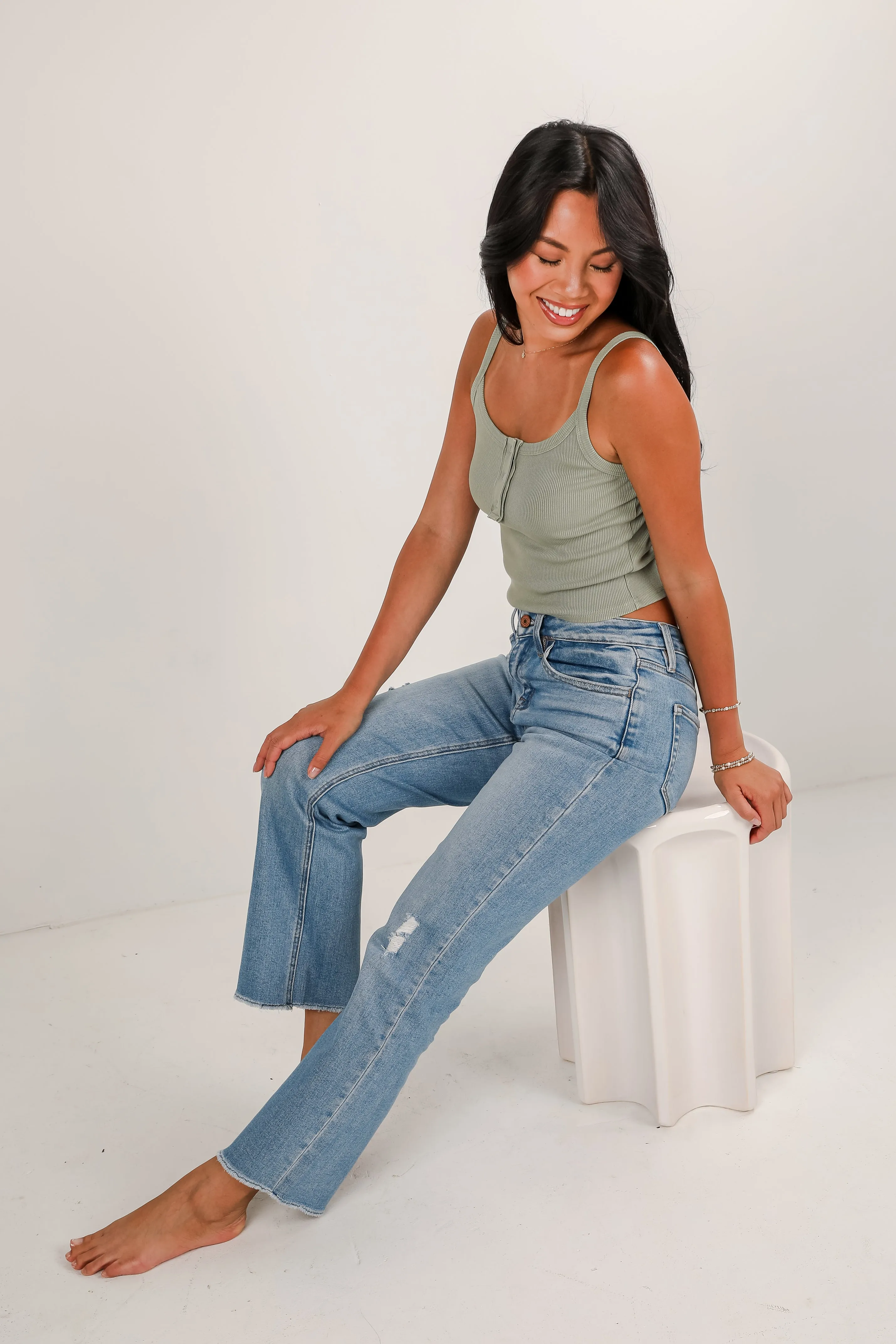 Aria Light Wash High-Rise Distressed Stretch Straight Jeans