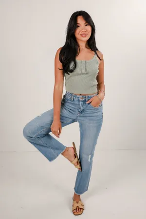 Aria Light Wash High-Rise Distressed Stretch Straight Jeans