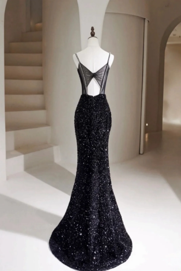 Black Mermaid Sequins Long Prom Dresses, Black Long Mermaid Formal Evening Dresses KPP1825