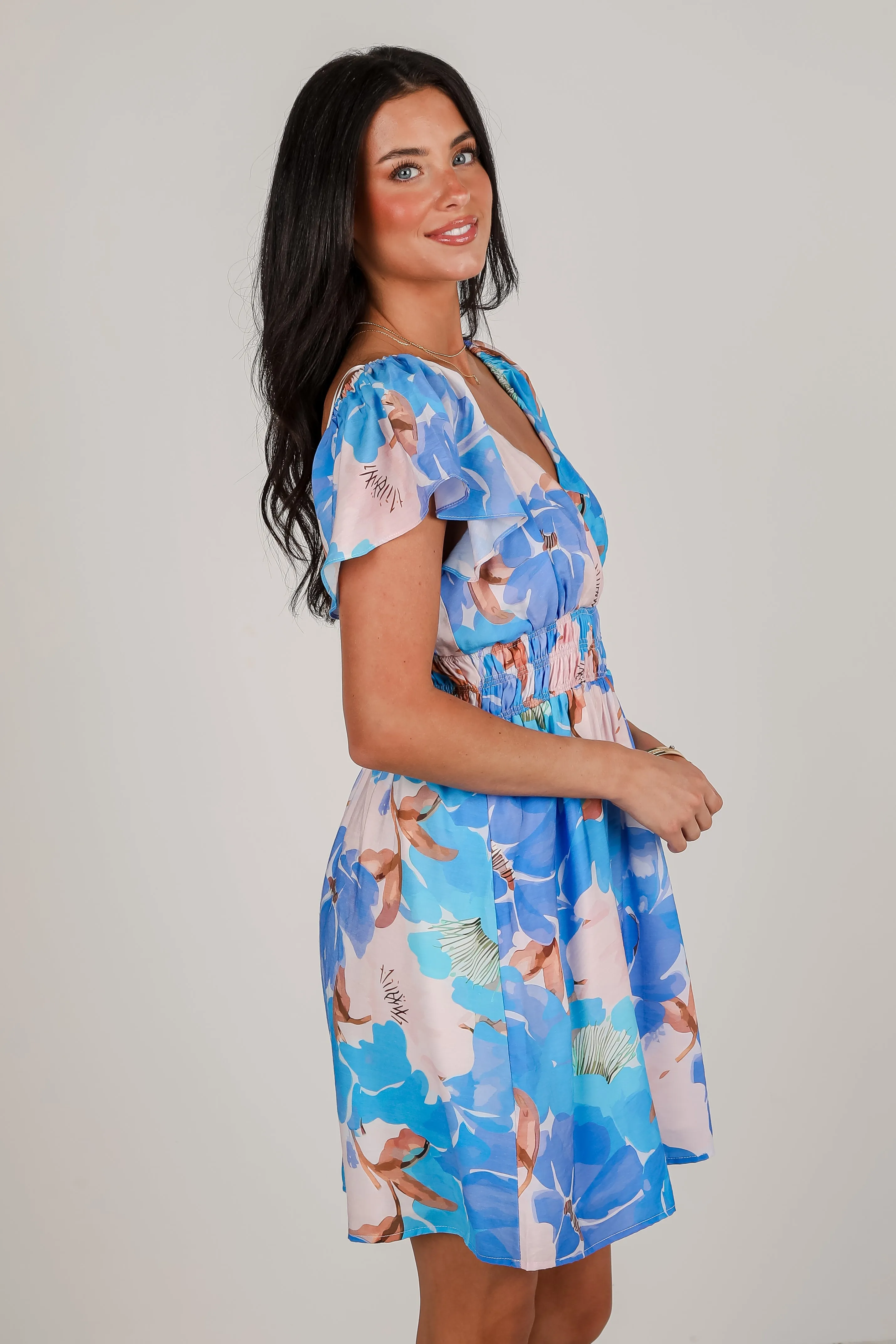 Boldly Blooming Blue Floral Mini Dress
