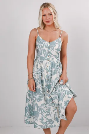 Coastal Days Light Blue Leaf Print Midi Dress
