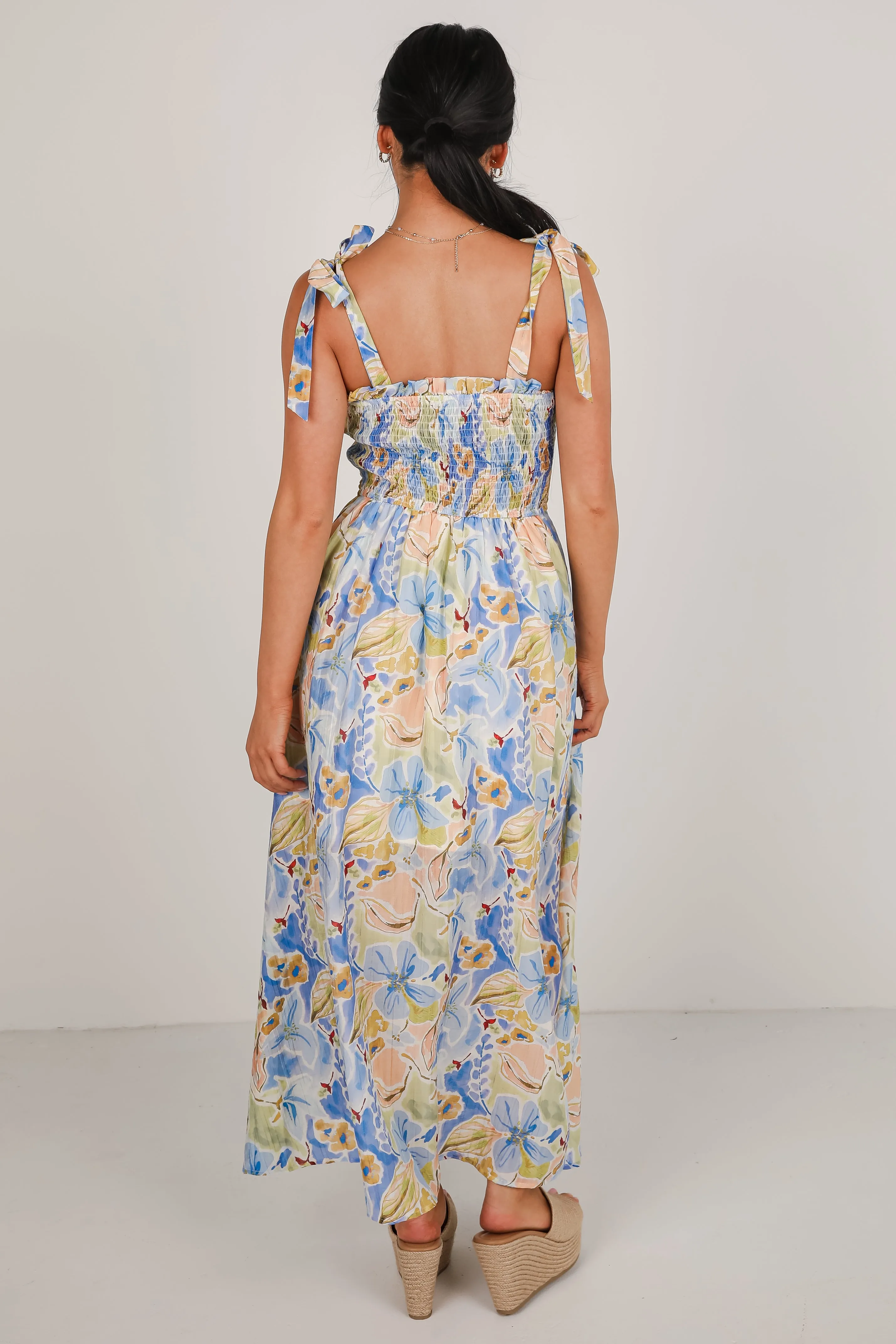 Come Back Blue Floral Smocked Maxi Dress
