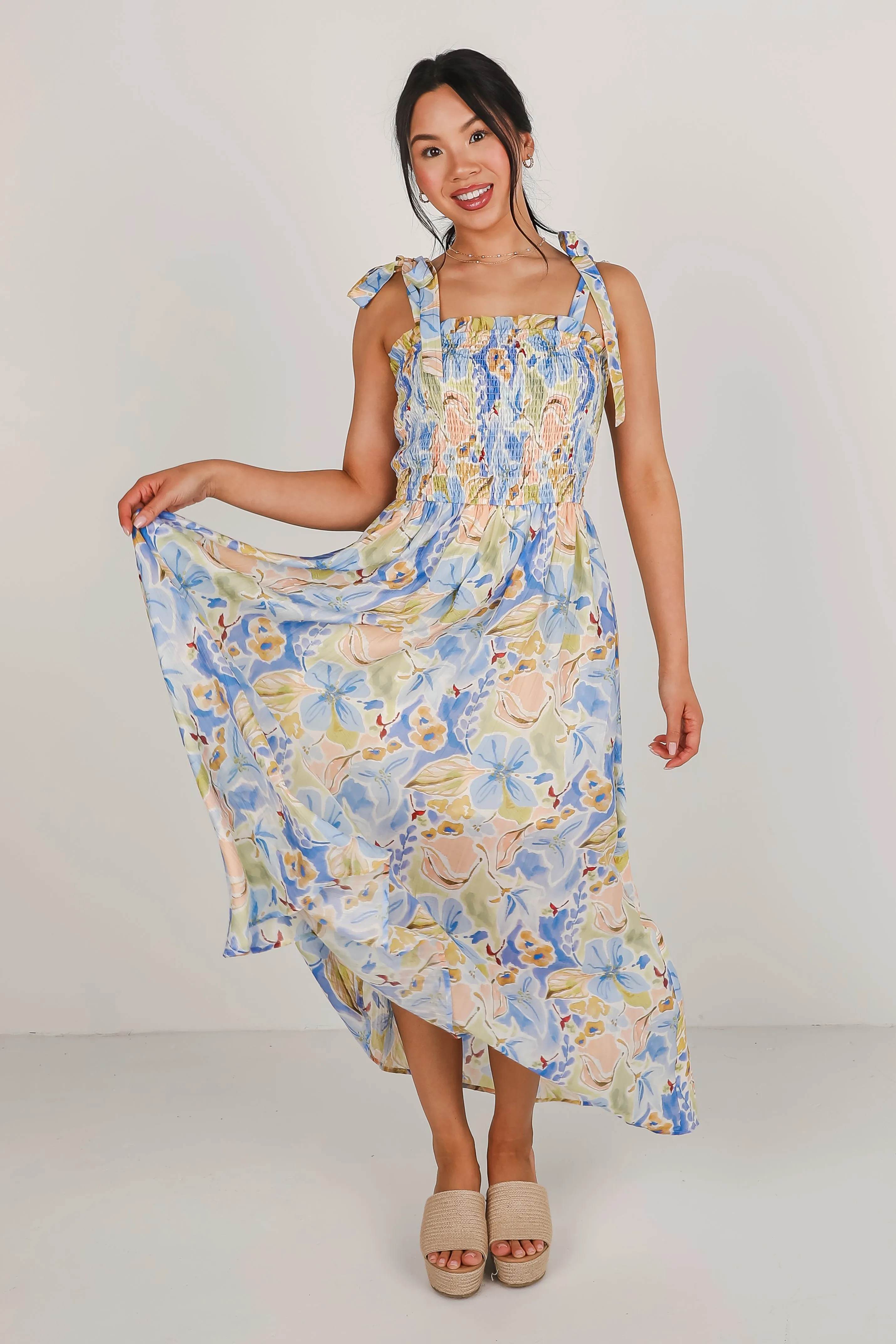 Come Back Blue Floral Smocked Maxi Dress