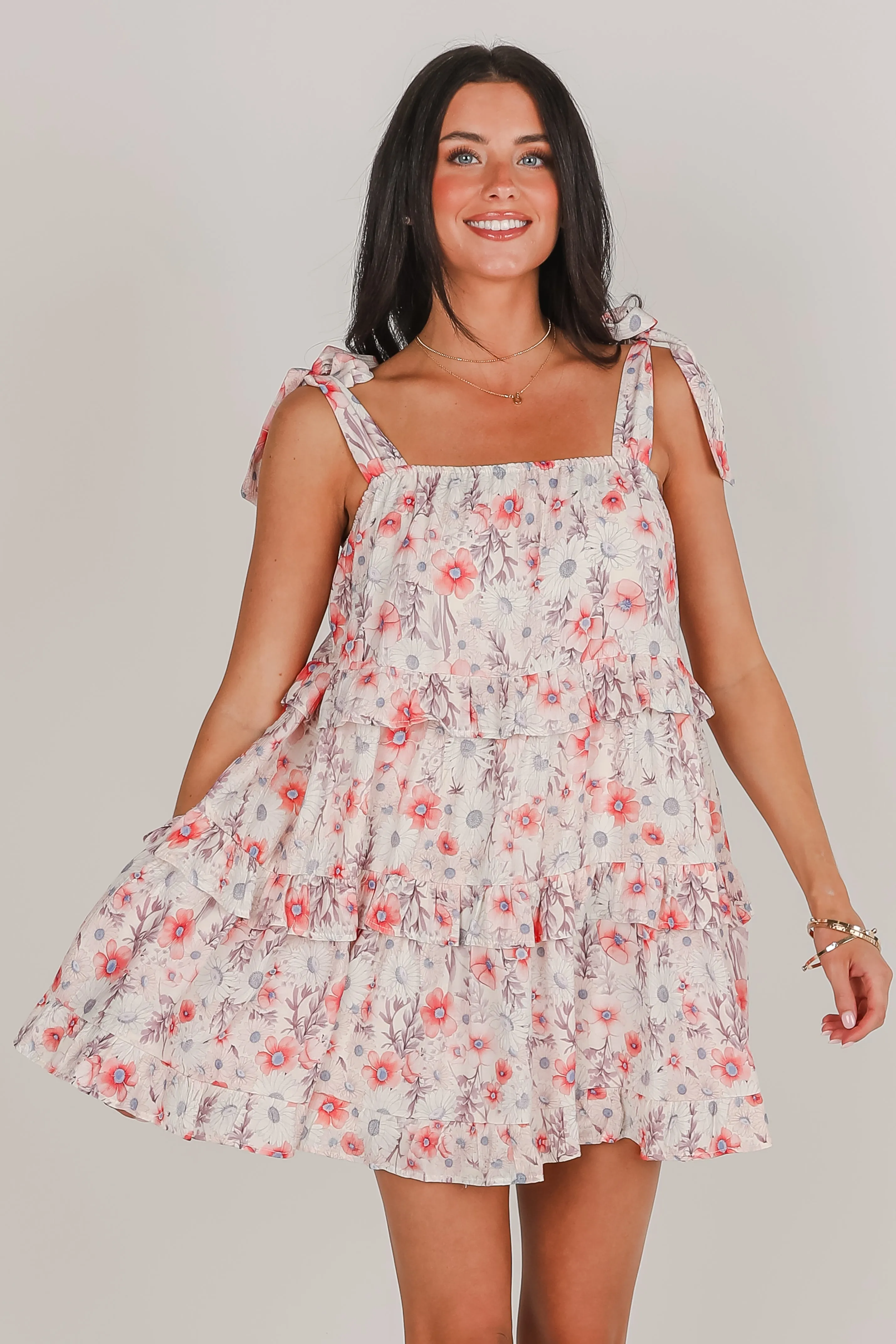 Completely Me Coral Floral Tiered Mini Dress