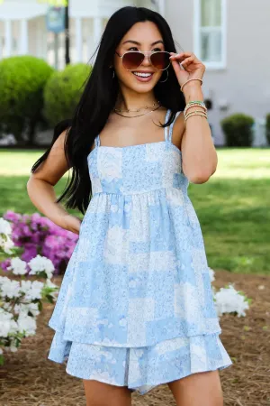 Could It Be Light Blue Floral Patchwork Romper