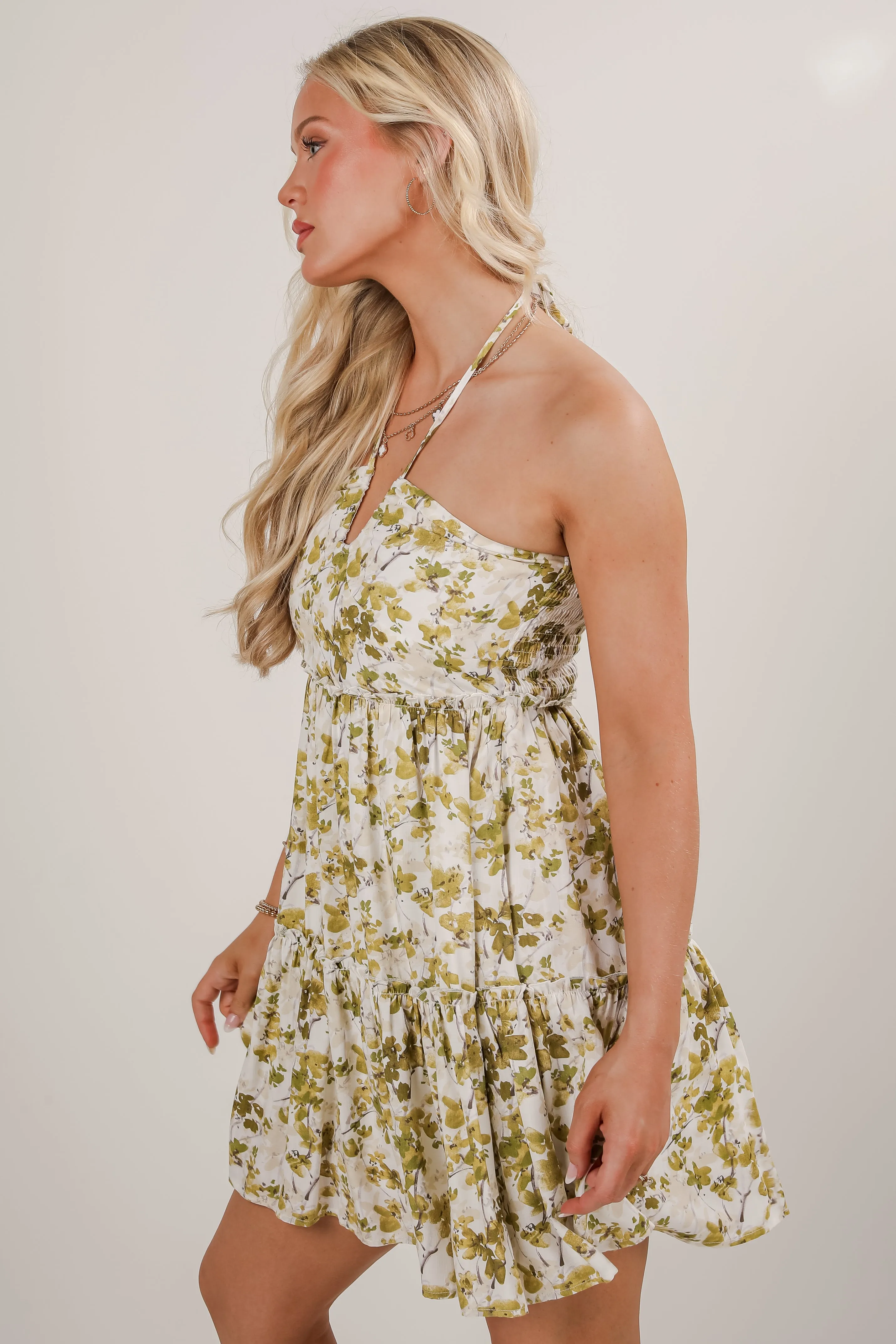 Falling In Love Light Olive Floral Halter Mini Dress