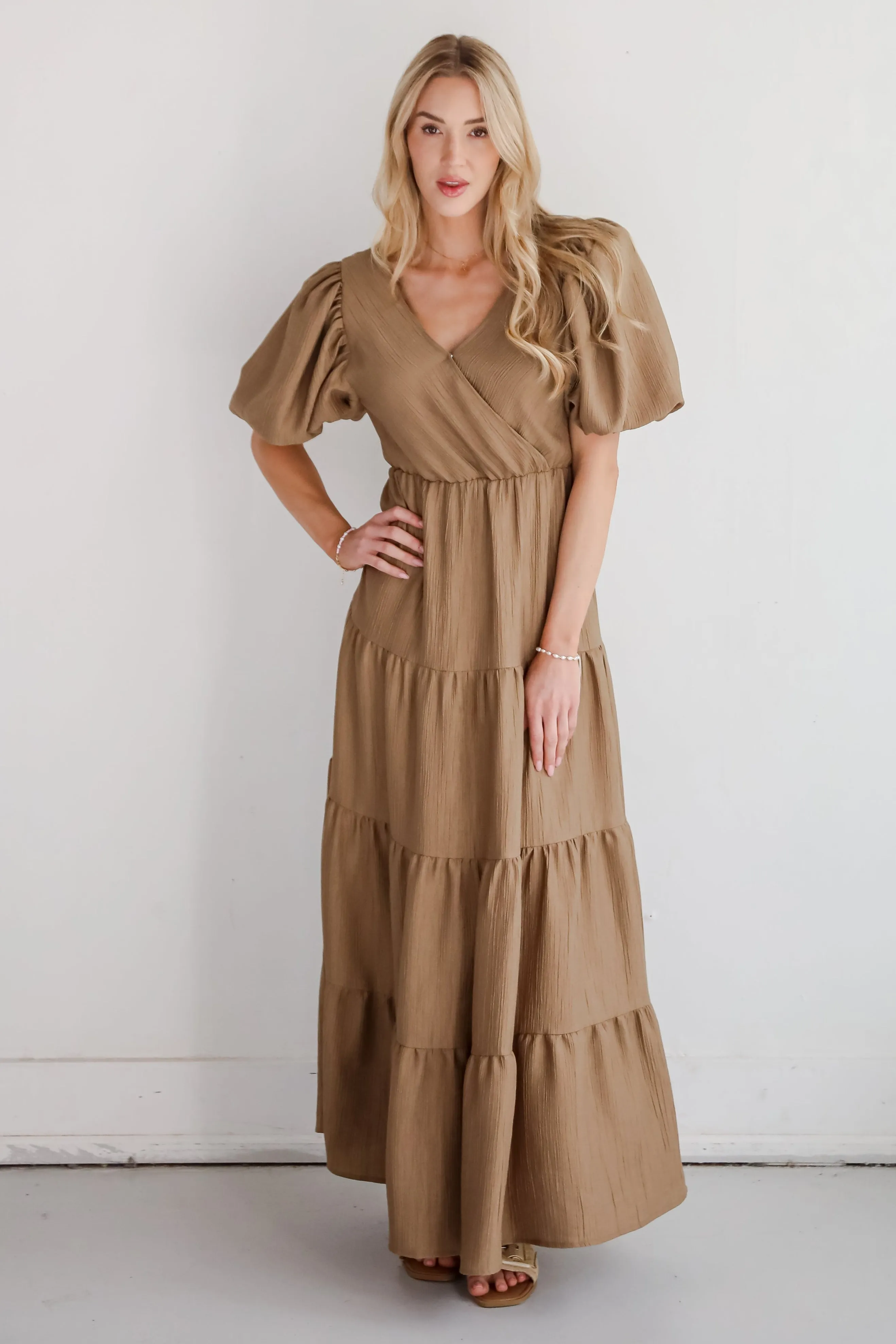 FINAL SALE - Aesthetic Ease Taupe Tiered Maxi Dress