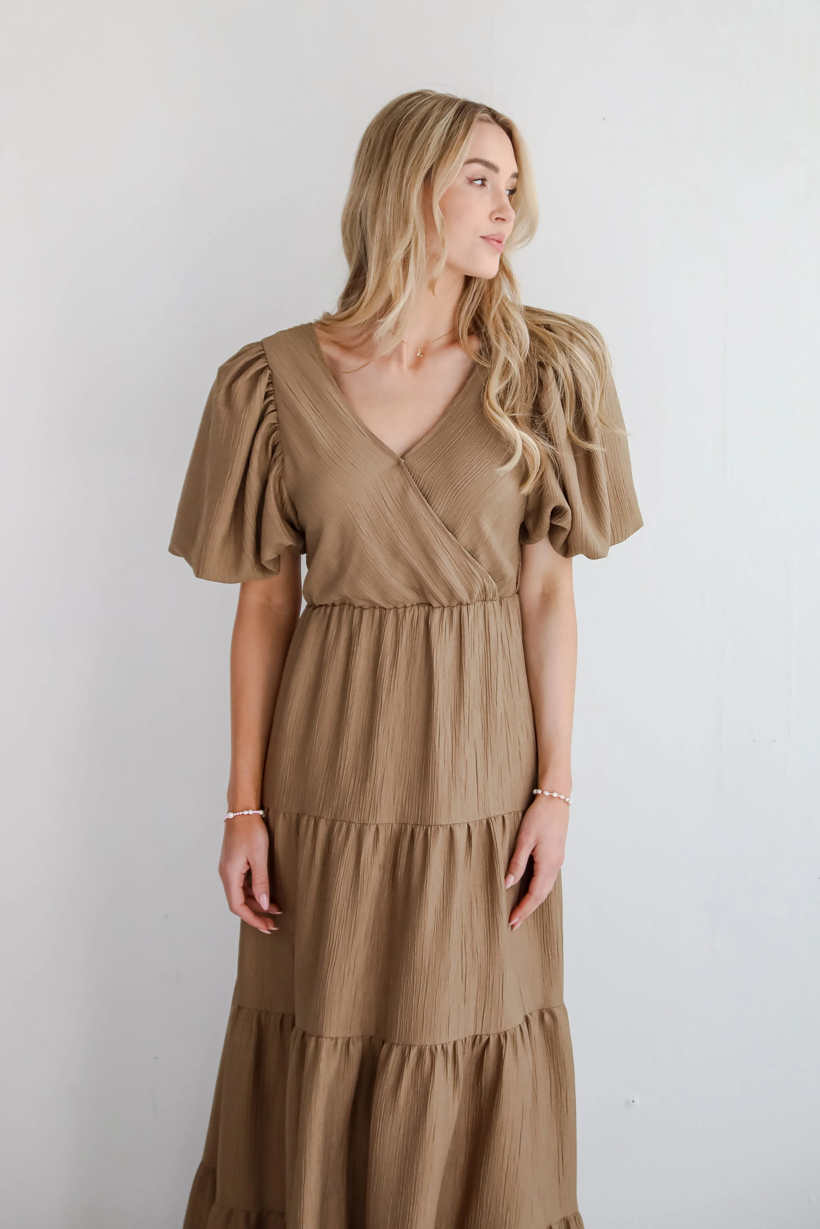 FINAL SALE - Aesthetic Ease Taupe Tiered Maxi Dress