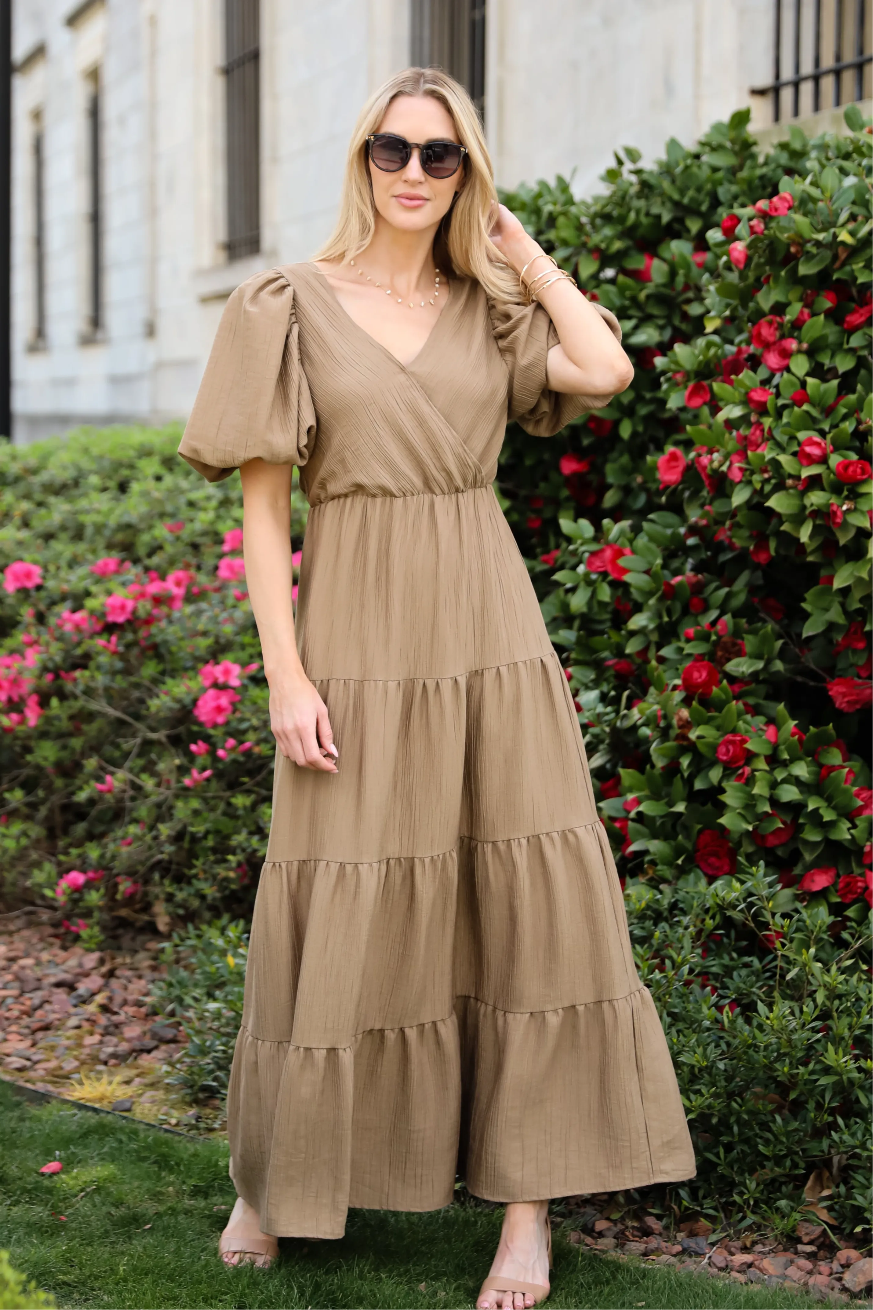 FINAL SALE - Aesthetic Ease Taupe Tiered Maxi Dress