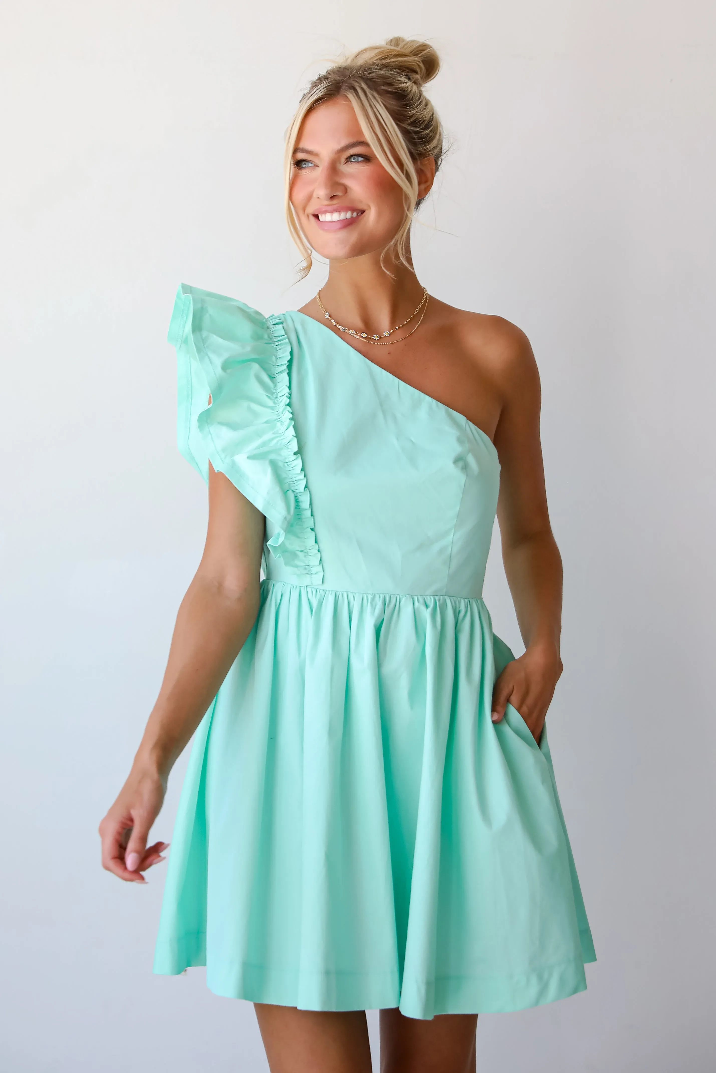 FINAL SALE - Charming Glamour Mint One-Shoulder Mini Dress