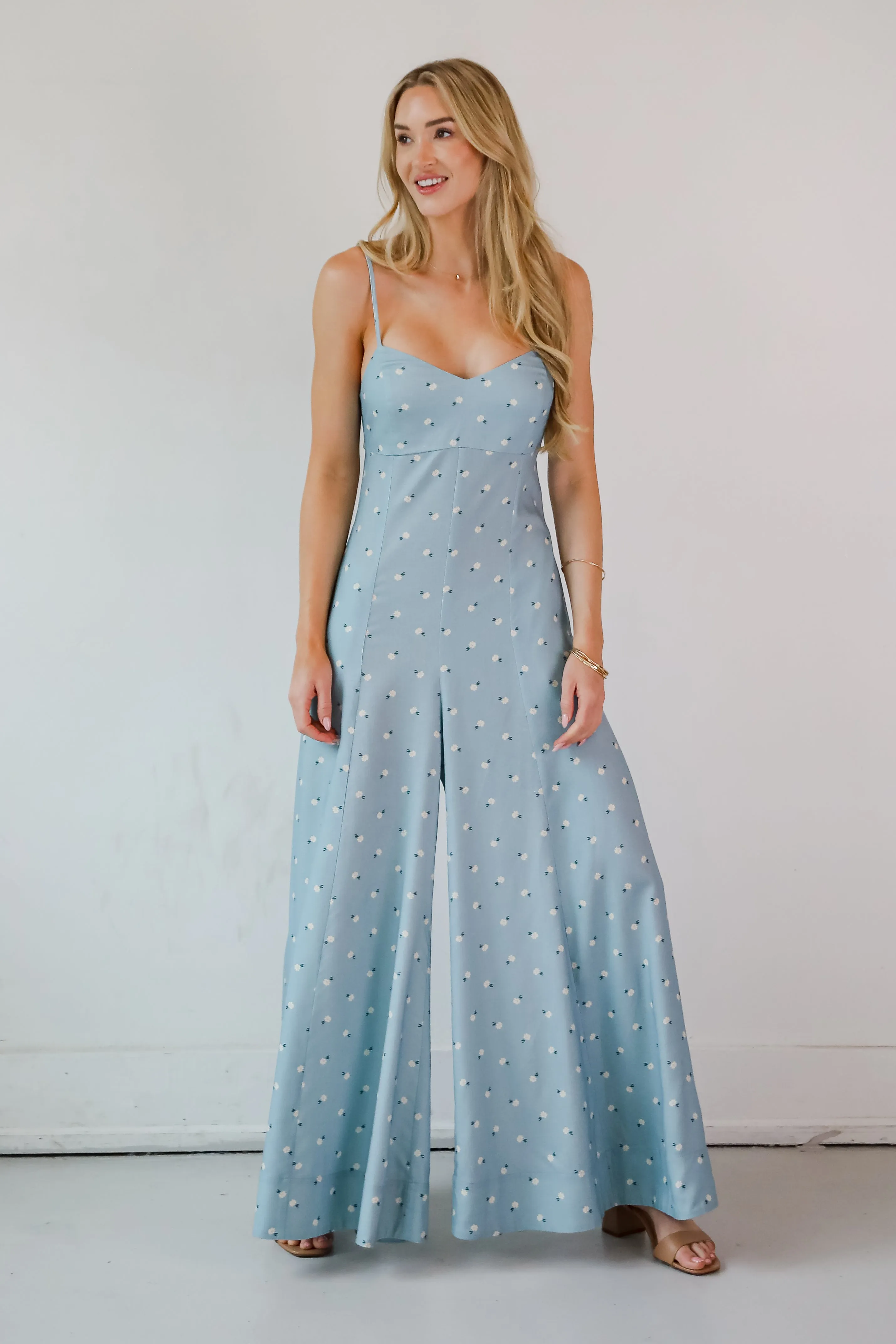 FINAL SALE - Cheerful Season Denim Floral Wide Leg Jumpsuit