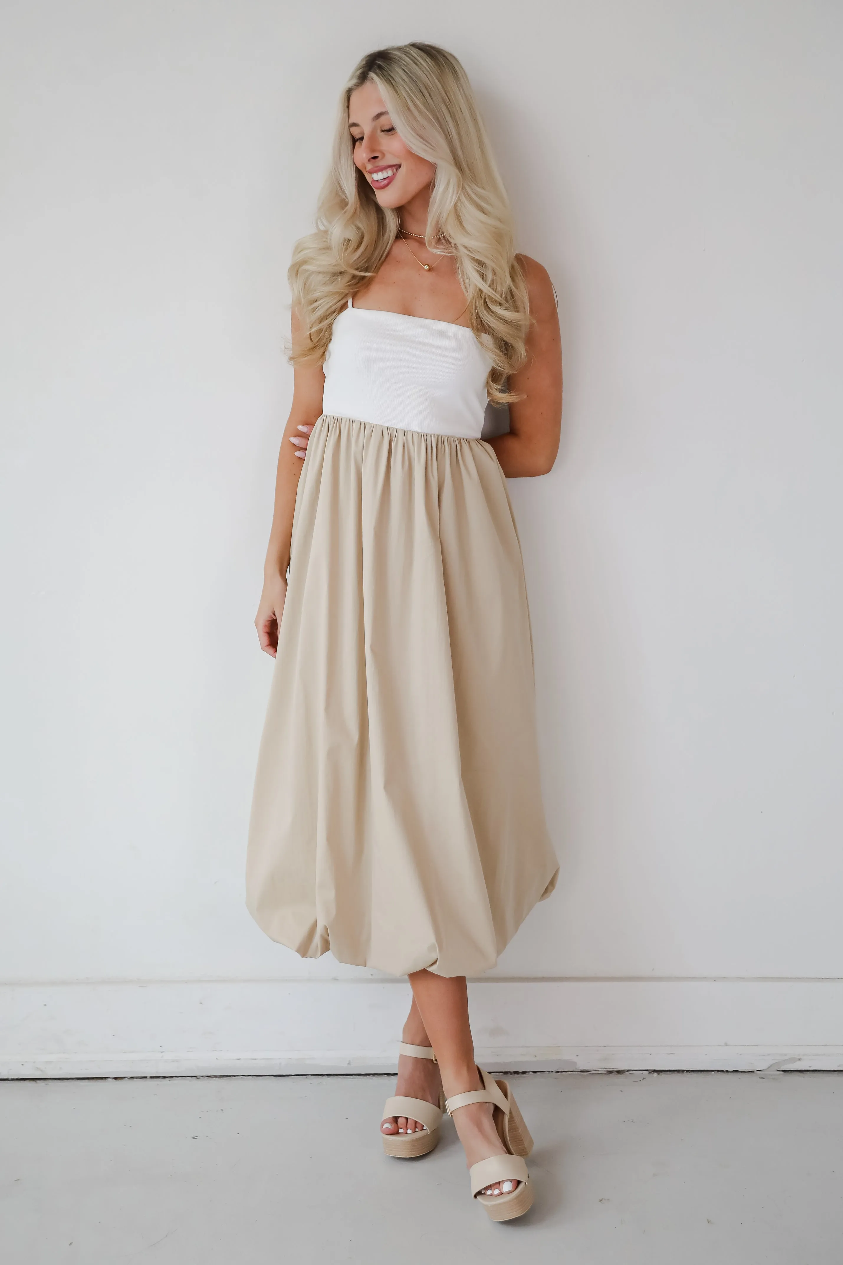 FINAL SALE - Confidently Unique Taupe Contrast Midi Dress