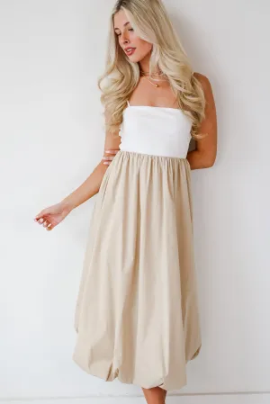 FINAL SALE - Confidently Unique Taupe Contrast Midi Dress