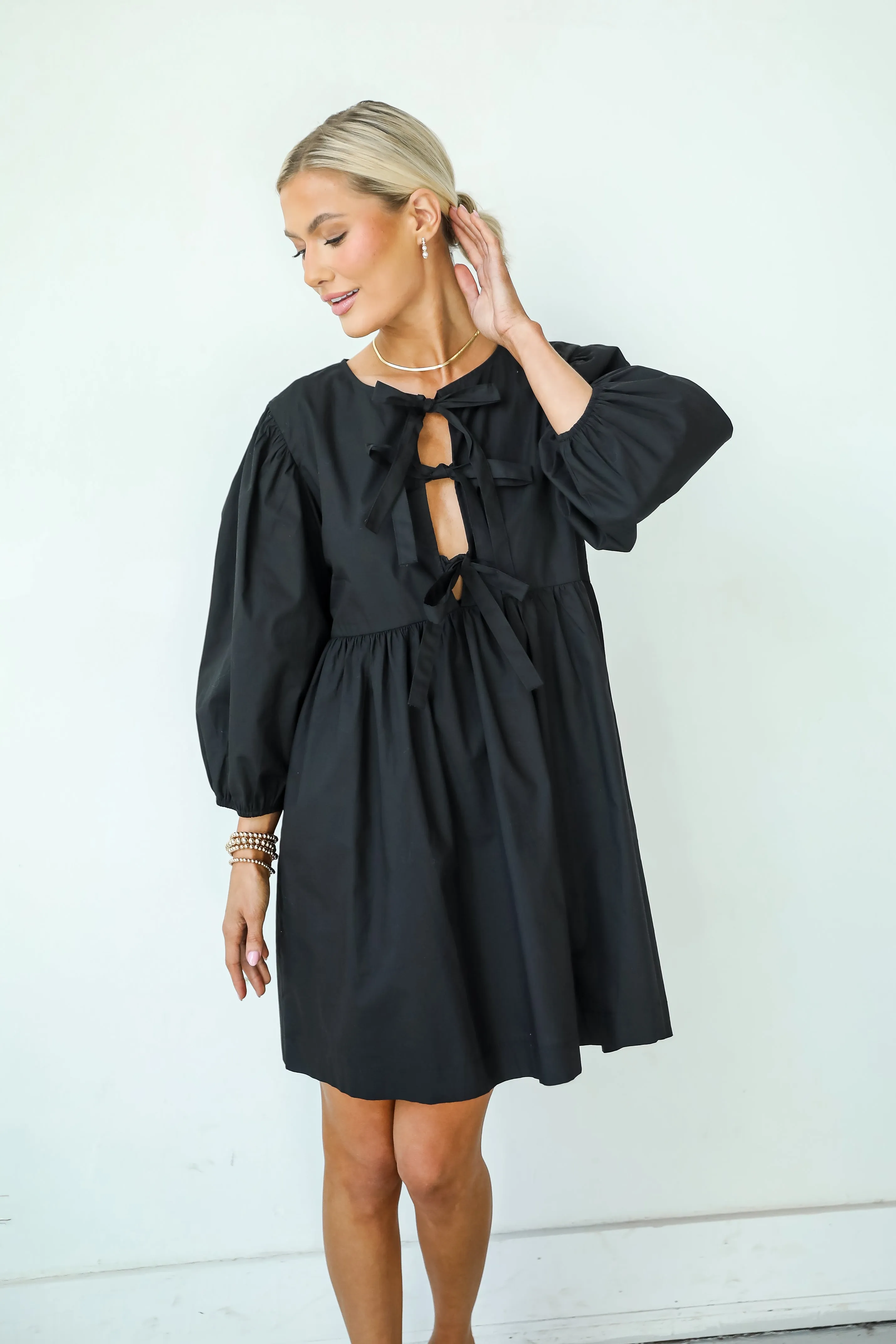 FINAL SALE - Cute Definition Black Bow Babydoll Mini Dress
