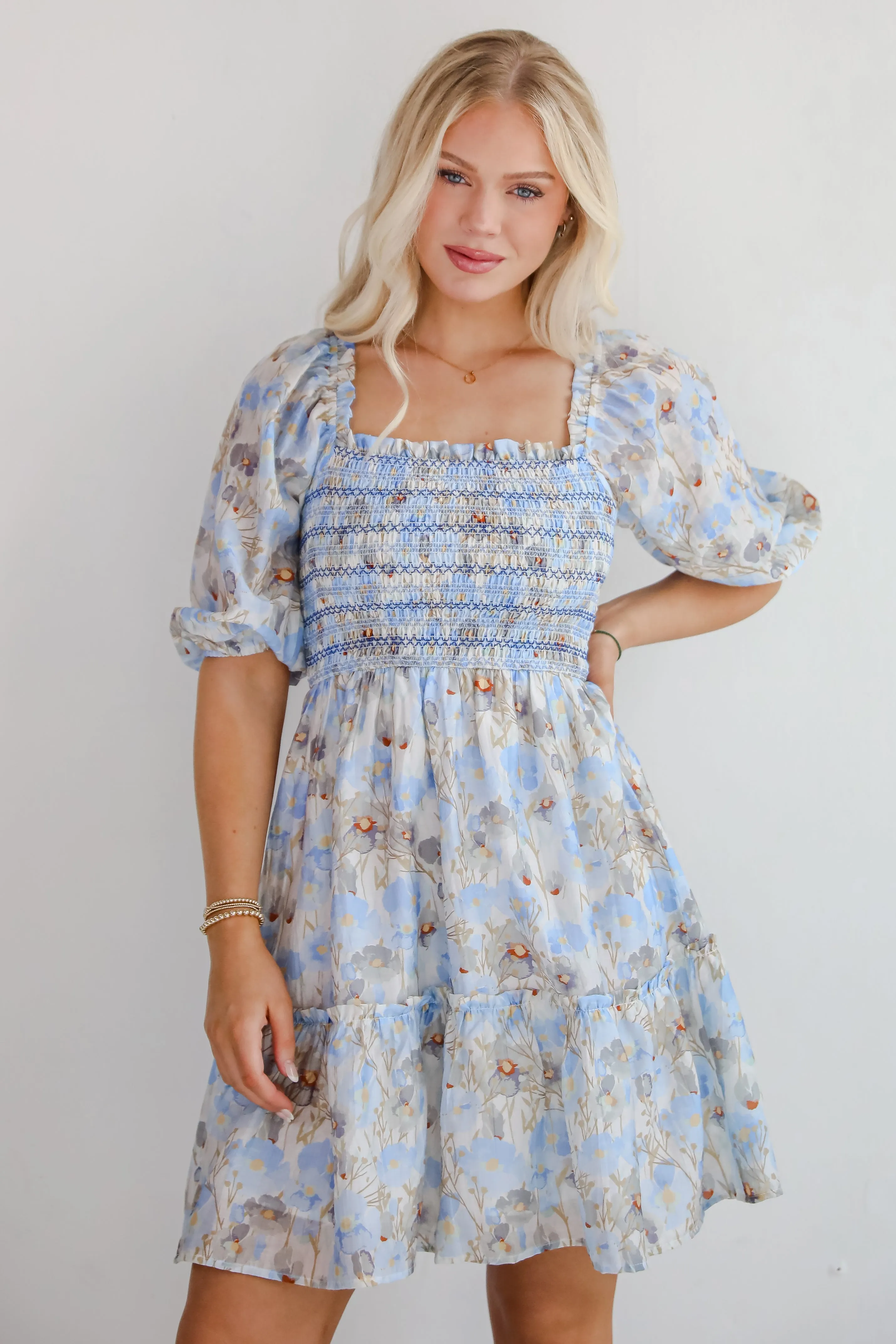 FINAL SALE - Cute Objective Light Blue Floral Smocked Mini Dress
