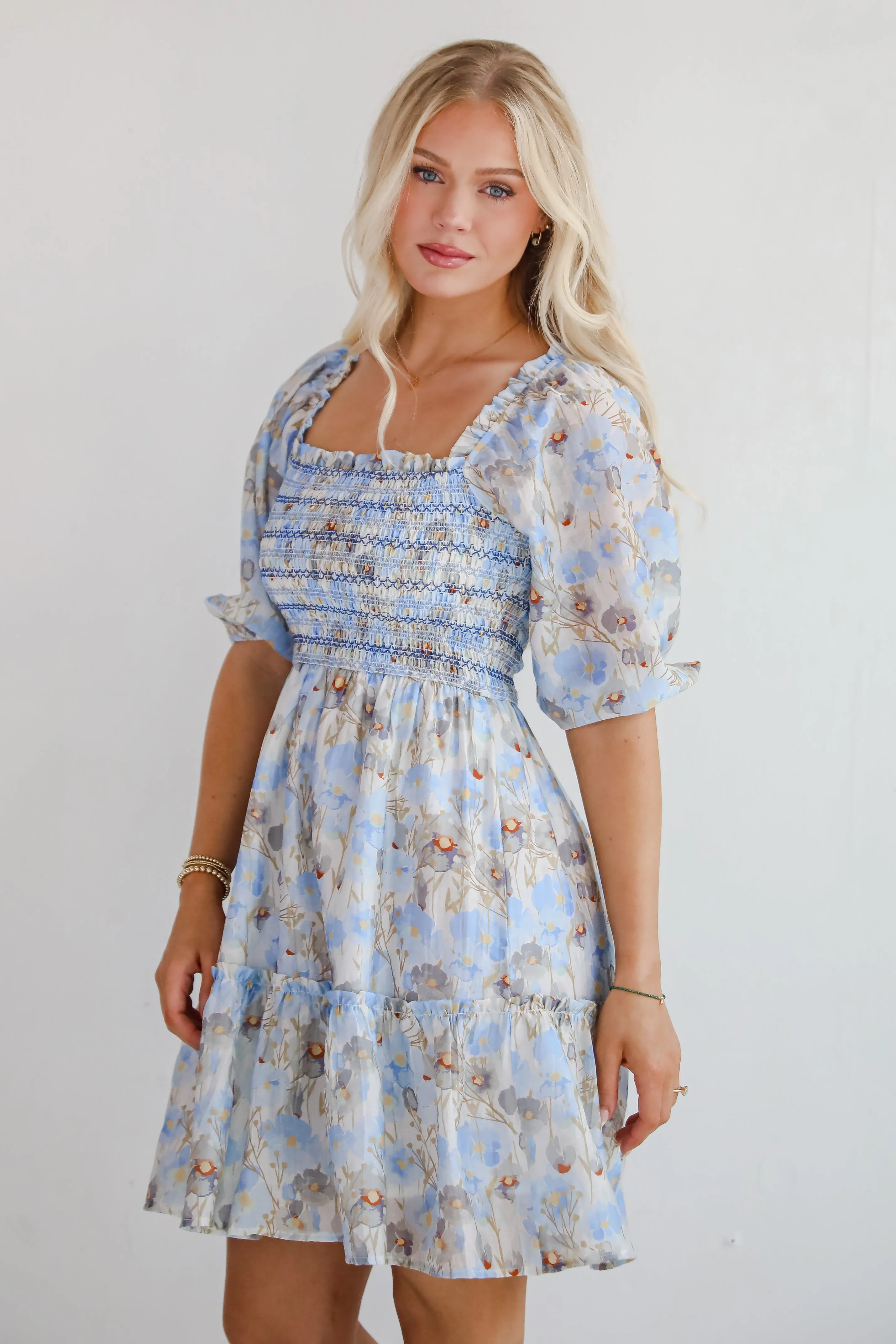 FINAL SALE - Cute Objective Light Blue Floral Smocked Mini Dress