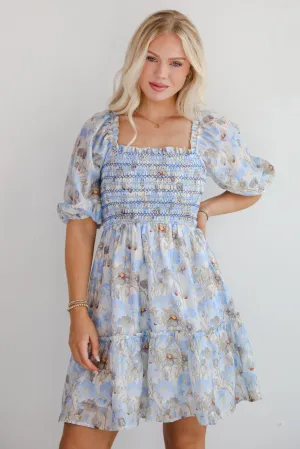 FINAL SALE - Cute Objective Light Blue Floral Smocked Mini Dress