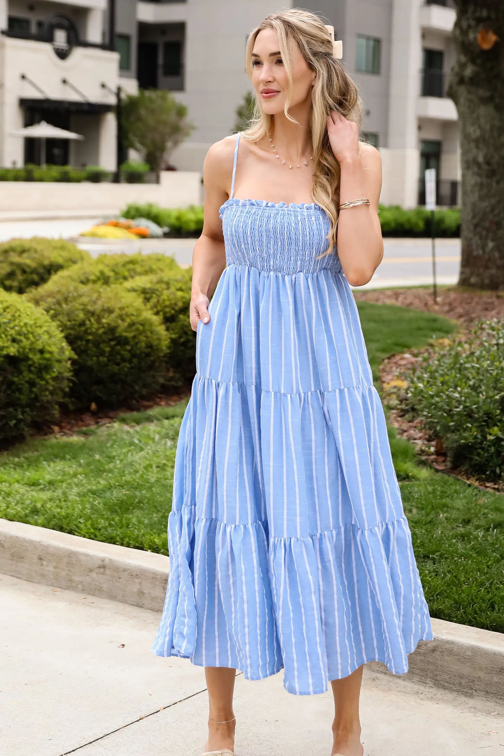 FINAL SALE - Dreamy Getaway Blue Striped Tiered Maxi Dress