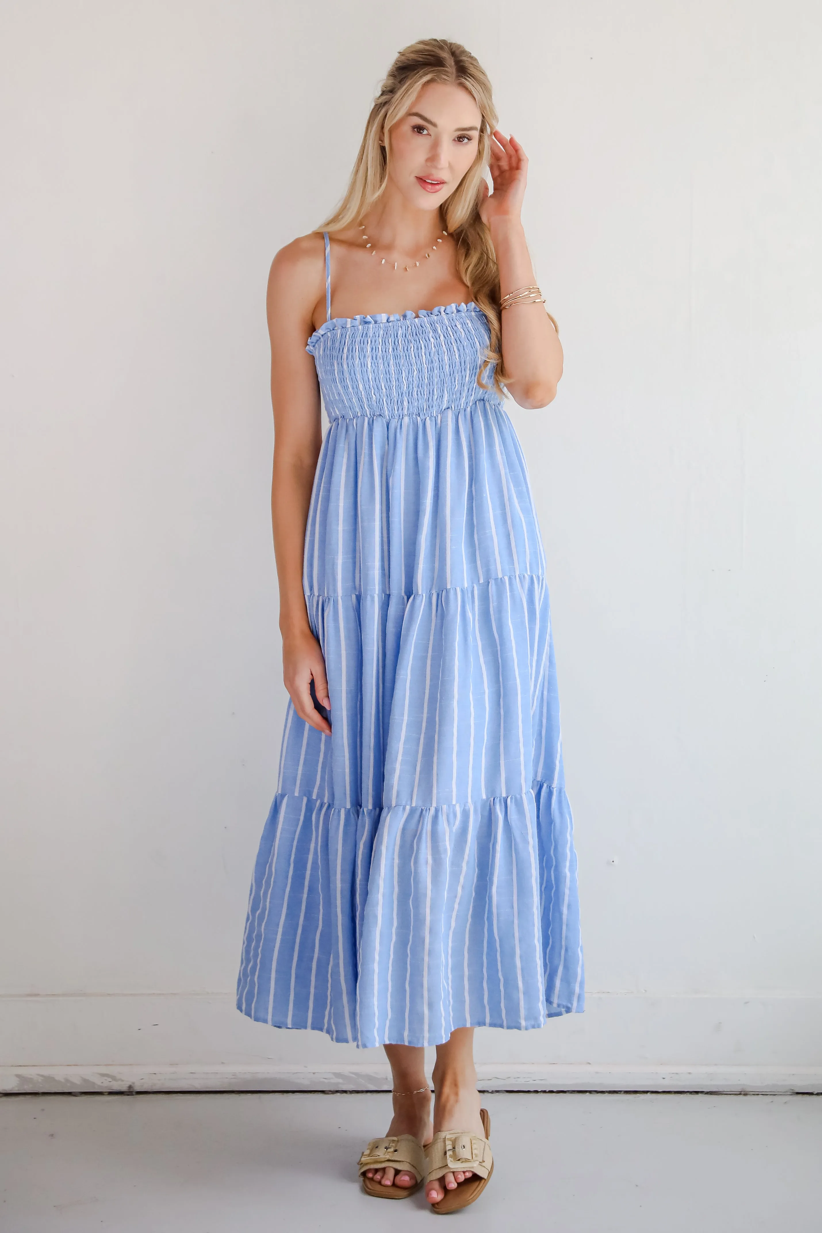 FINAL SALE - Dreamy Getaway Blue Striped Tiered Maxi Dress