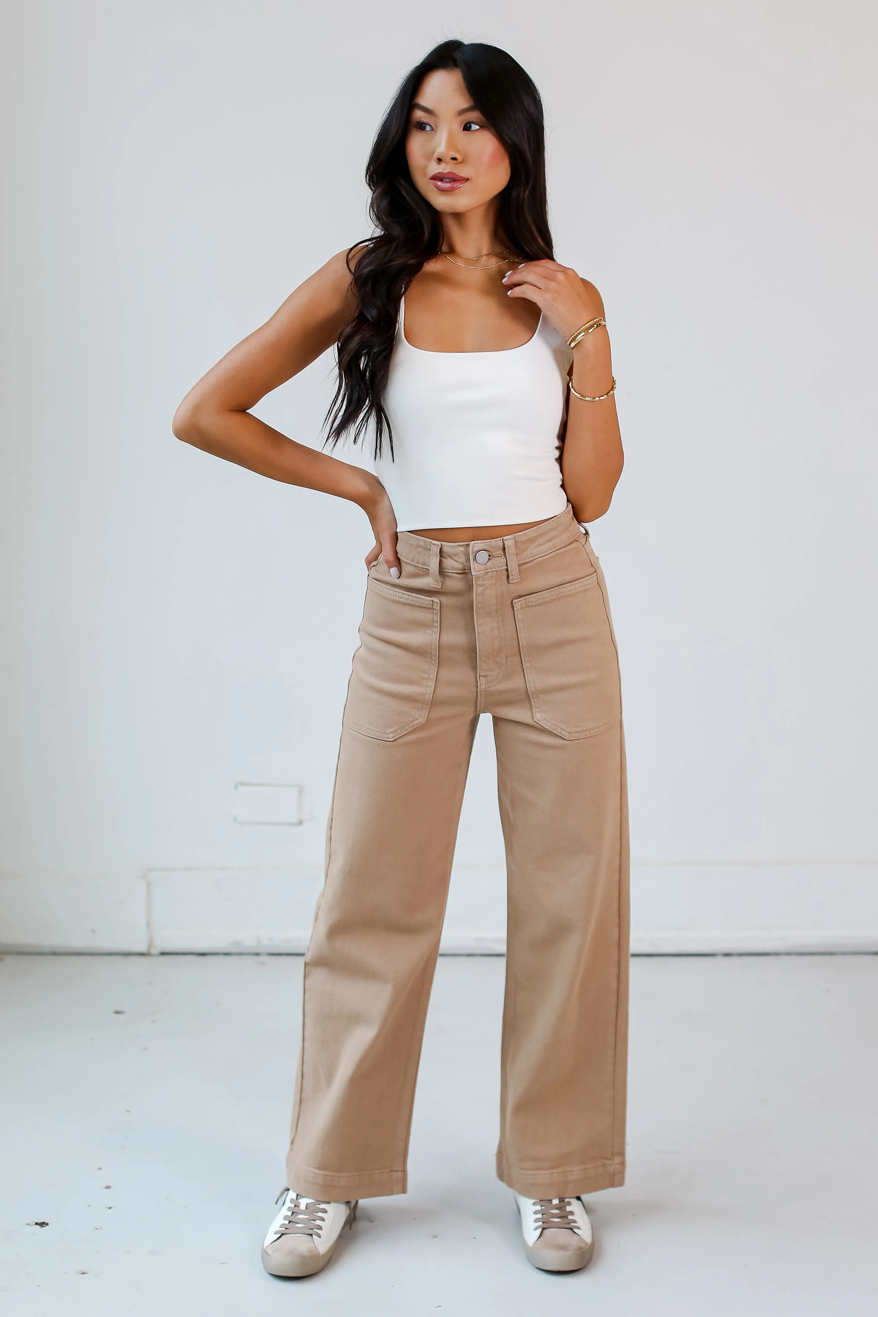 FINAL SALE - Elevated Confidence Taupe Wide Leg Jeans