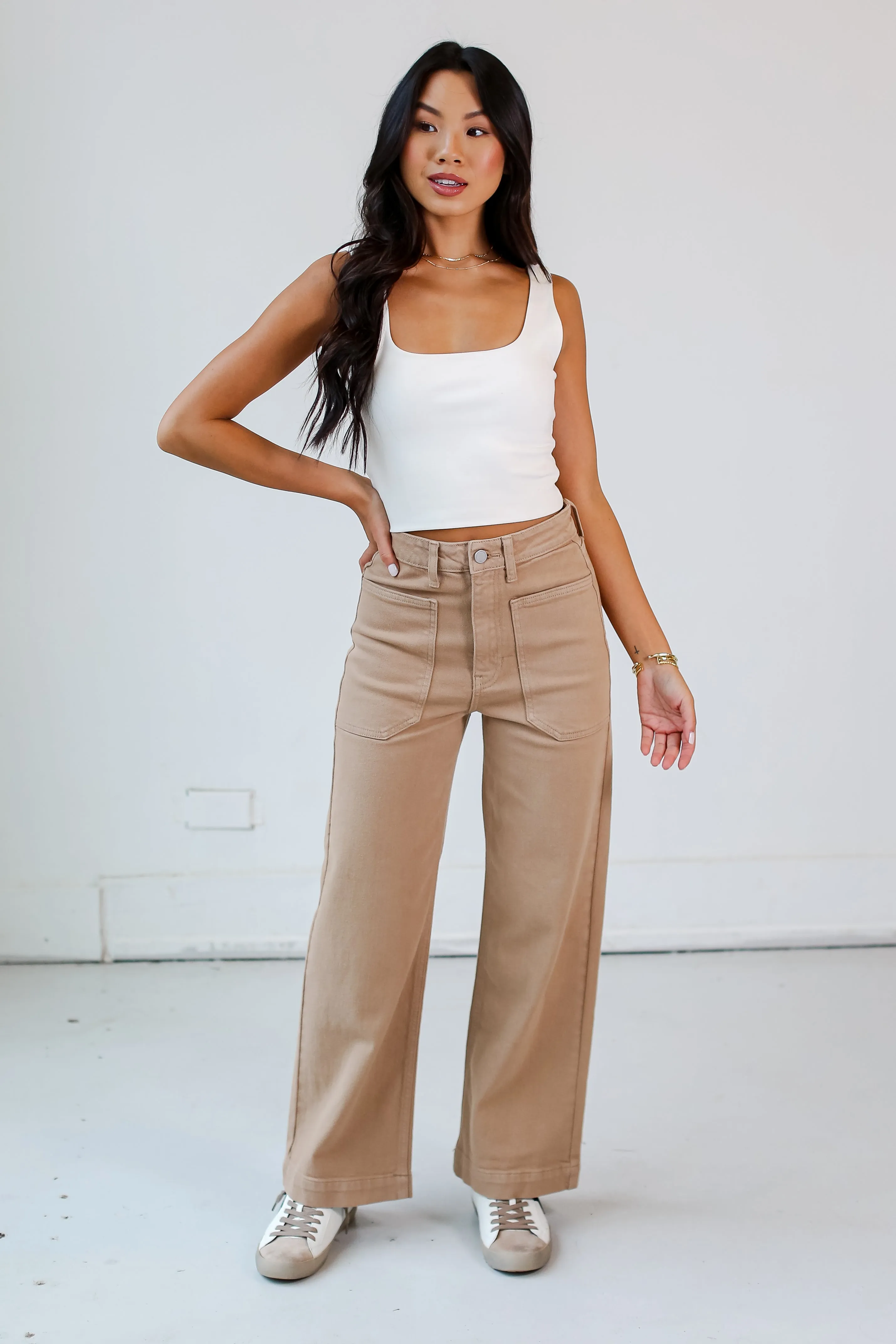 FINAL SALE - Elevated Confidence Taupe Wide Leg Jeans