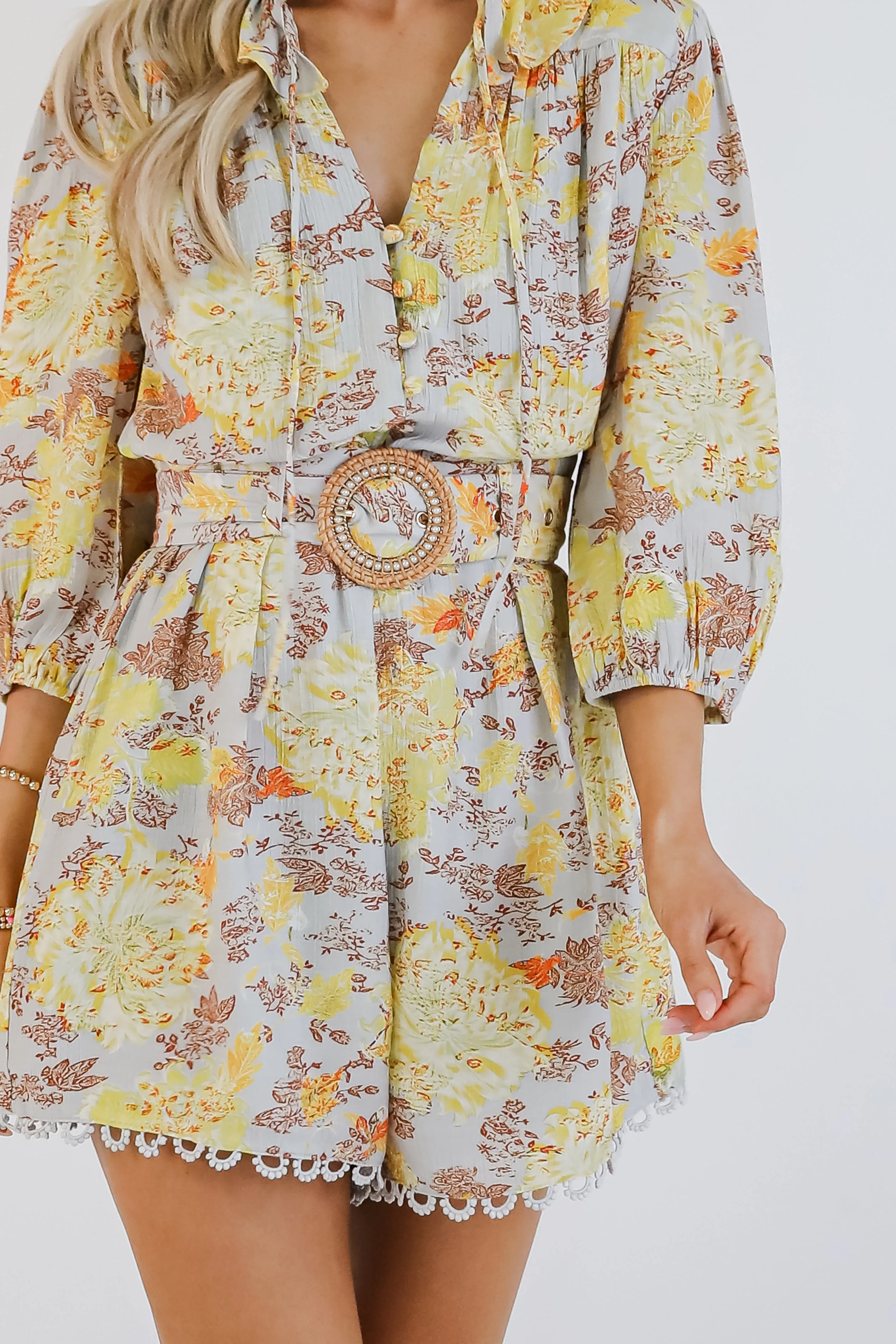 FINAL SALE - Flirtatious Attitude Grey Floral Romper