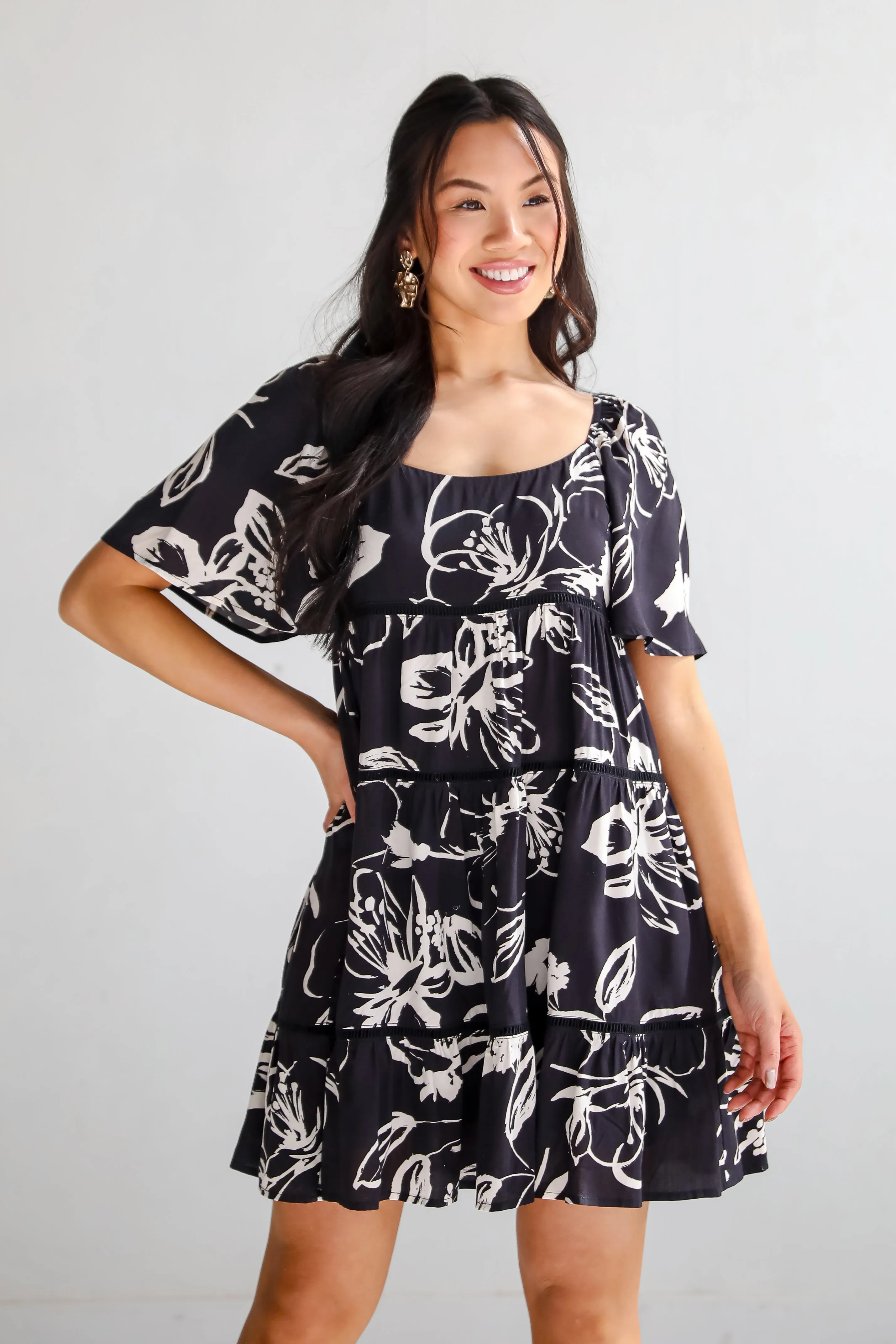 FINAL SALE - Flowering Day Black Floral Tiered Mini Dress