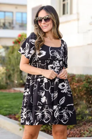 FINAL SALE - Flowering Day Black Floral Tiered Mini Dress