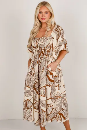 FINAL SALE - Island Time Cream Linen Leaf Print Midi Dress