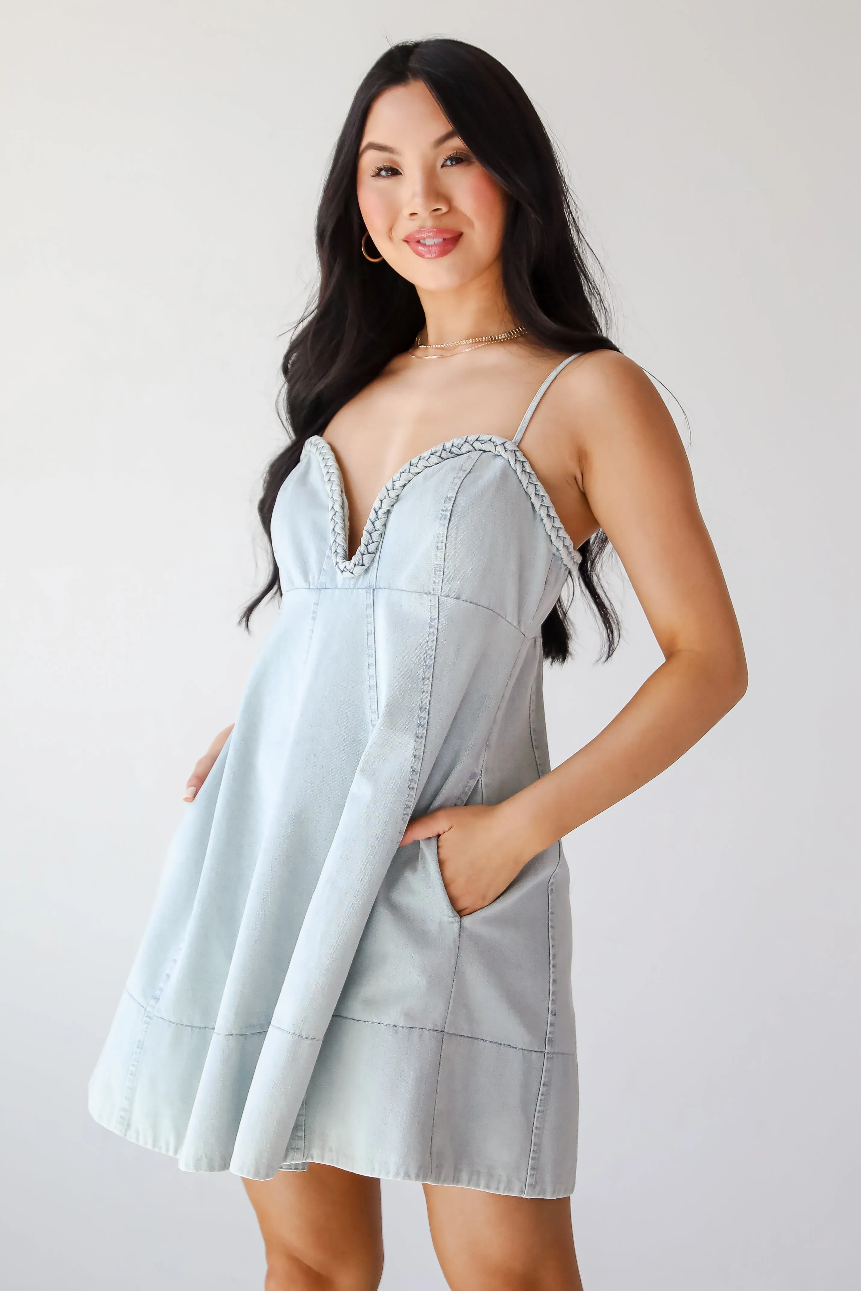 FINAL SALE - Main Attraction Light Wash Denim Mini Dress