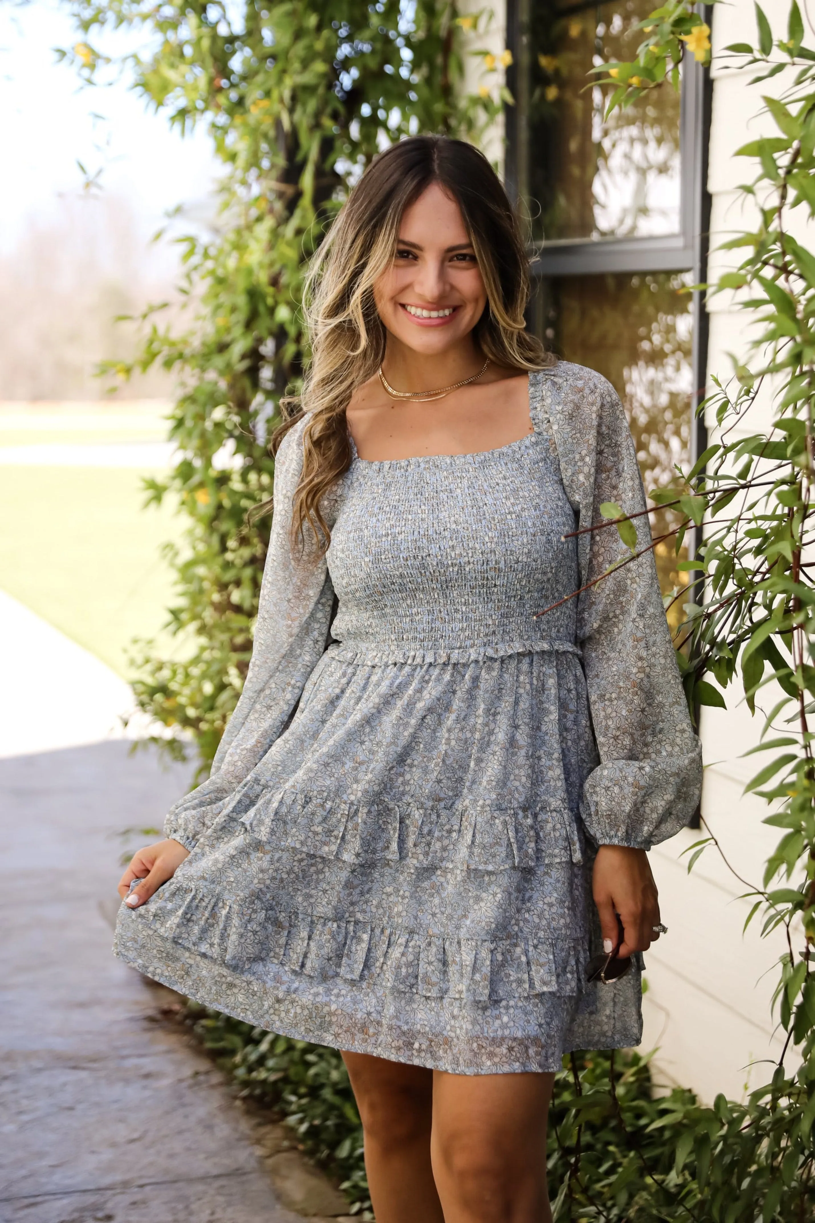 FINAL SALE - Modern Romantic Light Blue Floral Smocked Mini Dress