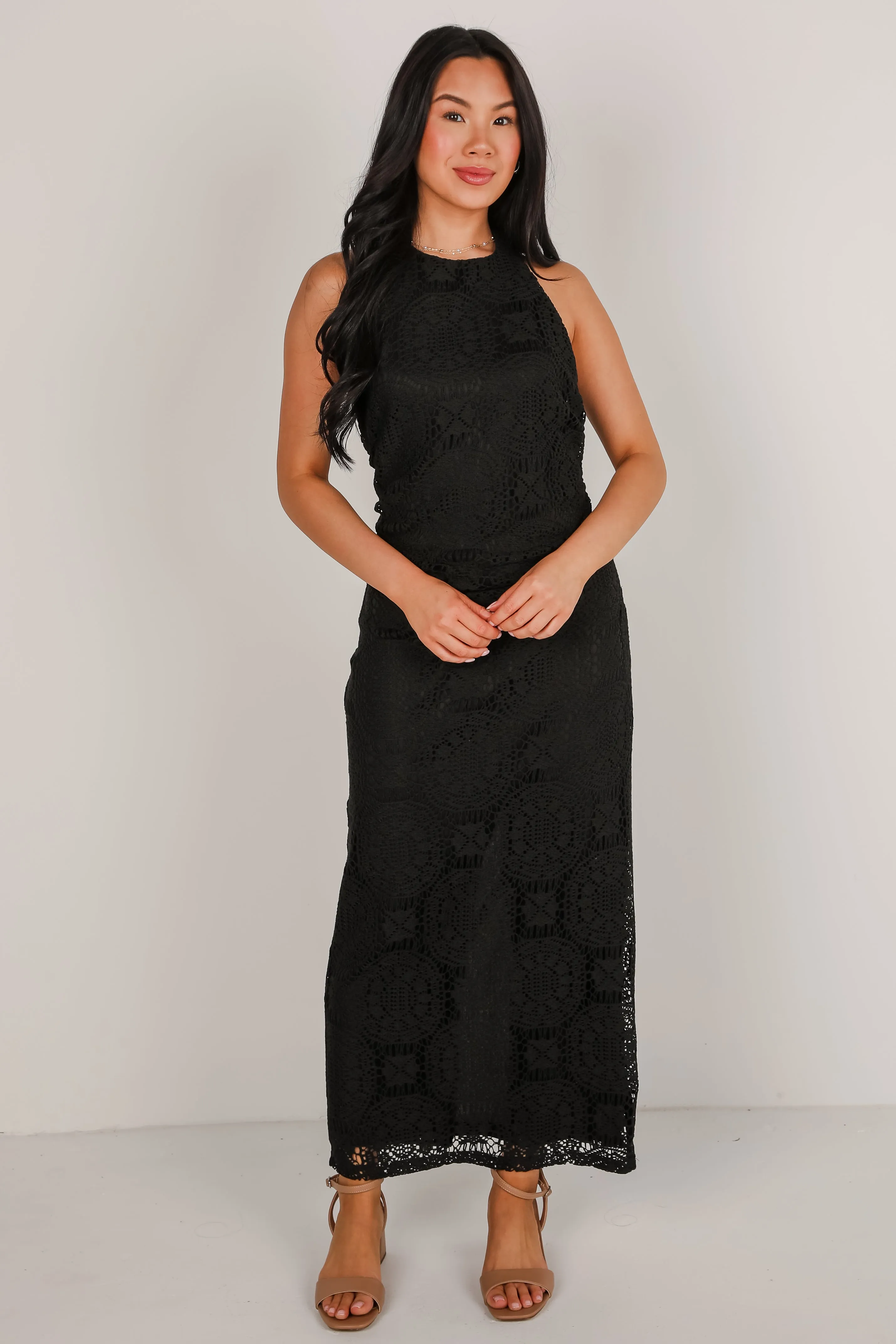 FINAL SALE - Off To The Coast Black Crochet Halter Maxi Dress