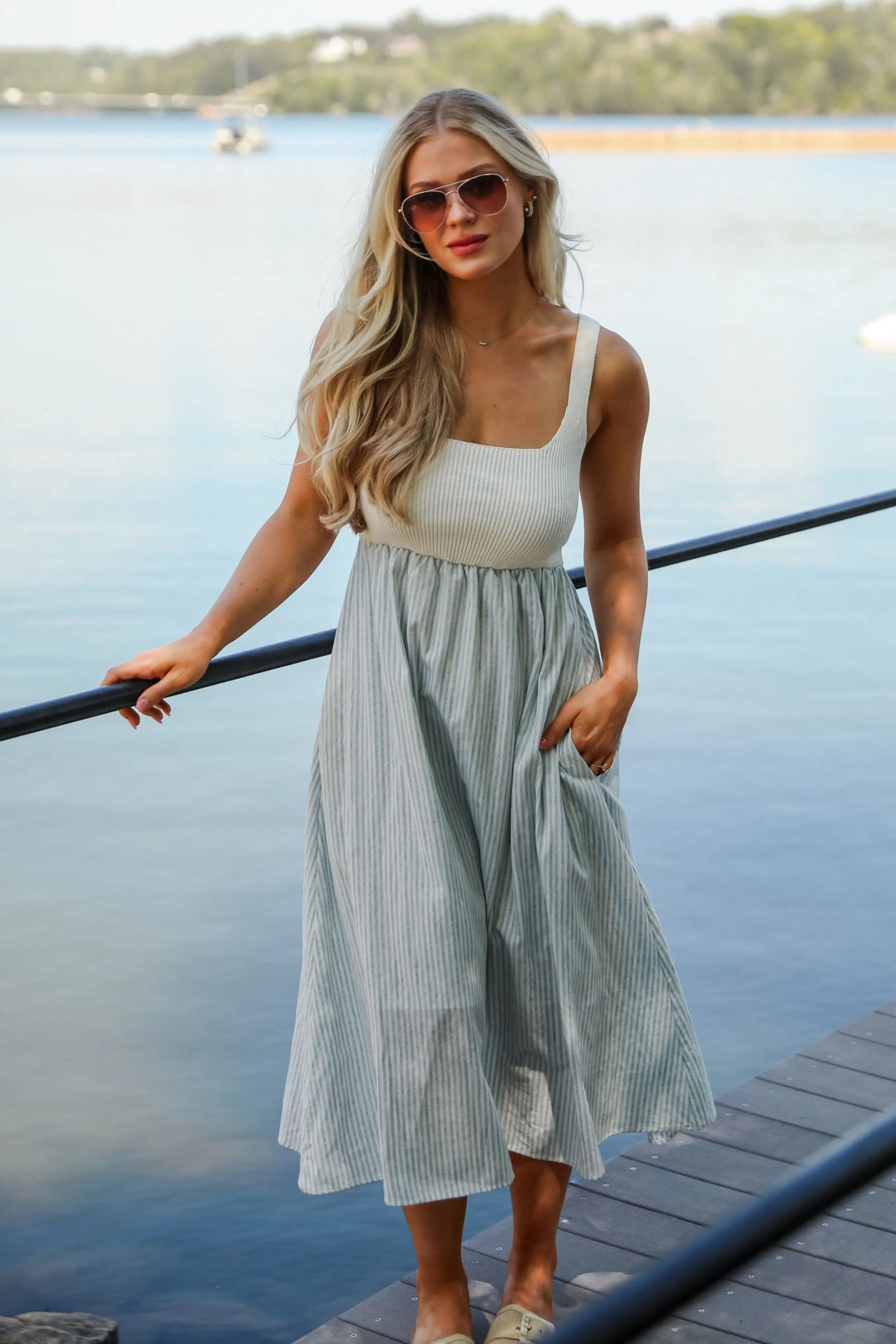 FINAL SALE - Off To The Shore Blue Striped Contrast Midi Dress