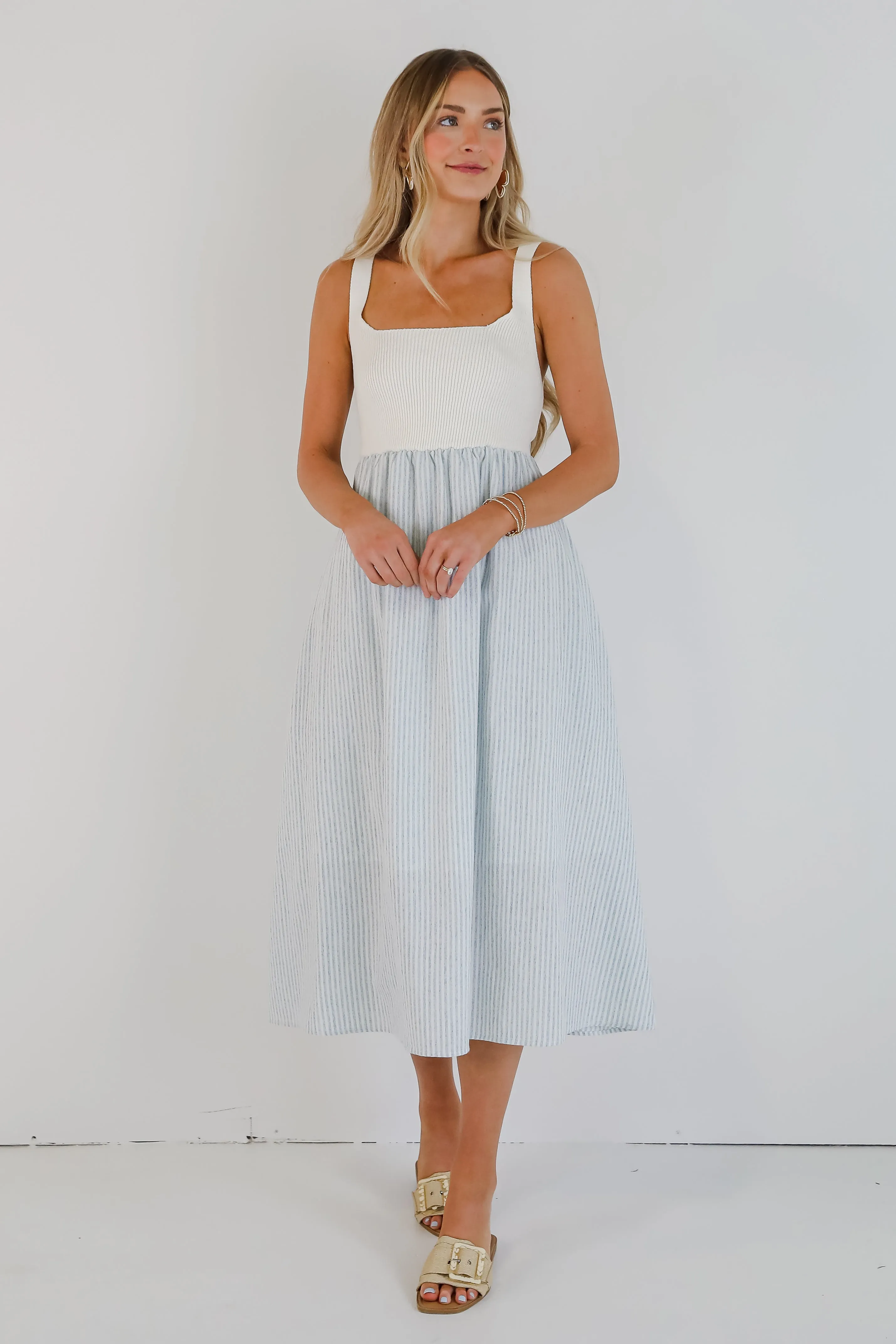FINAL SALE - Off To The Shore Blue Striped Contrast Midi Dress