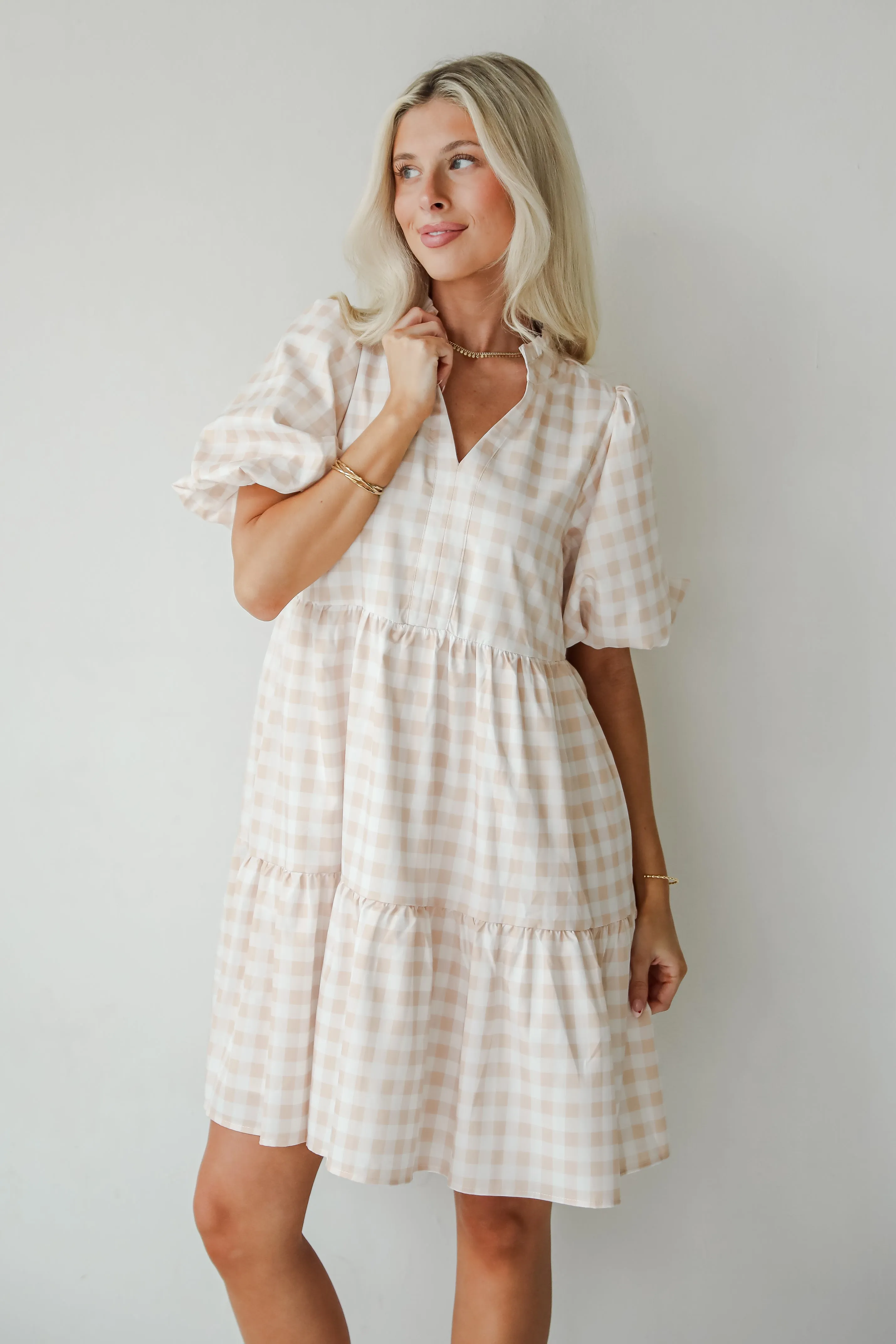FINAL SALE - Quite Perfect Taupe Gingham Tiered Mini Dress