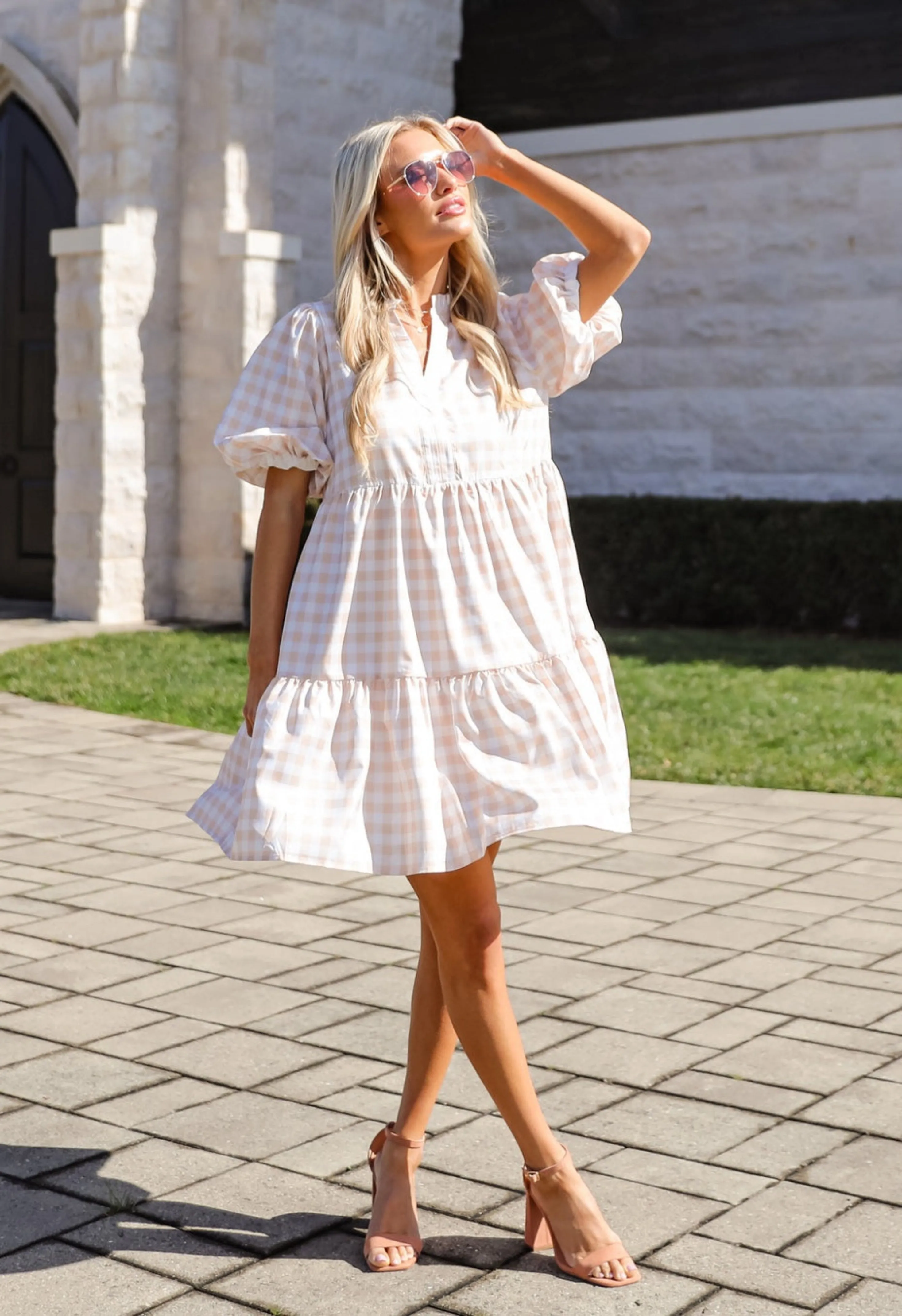 FINAL SALE - Quite Perfect Taupe Gingham Tiered Mini Dress