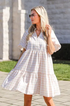 FINAL SALE - Quite Perfect Taupe Gingham Tiered Mini Dress