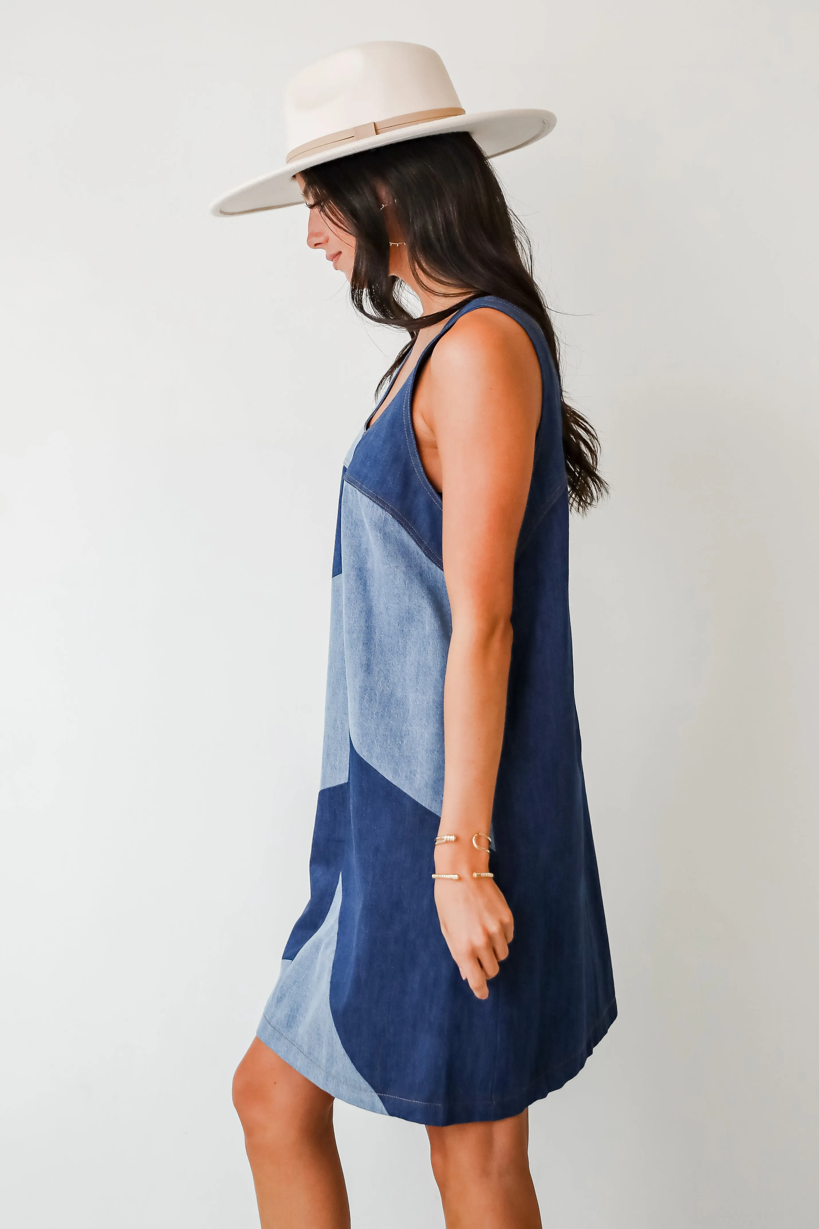 FINAL SALE - Sincerely Poised Denim Color Block Mini Dress