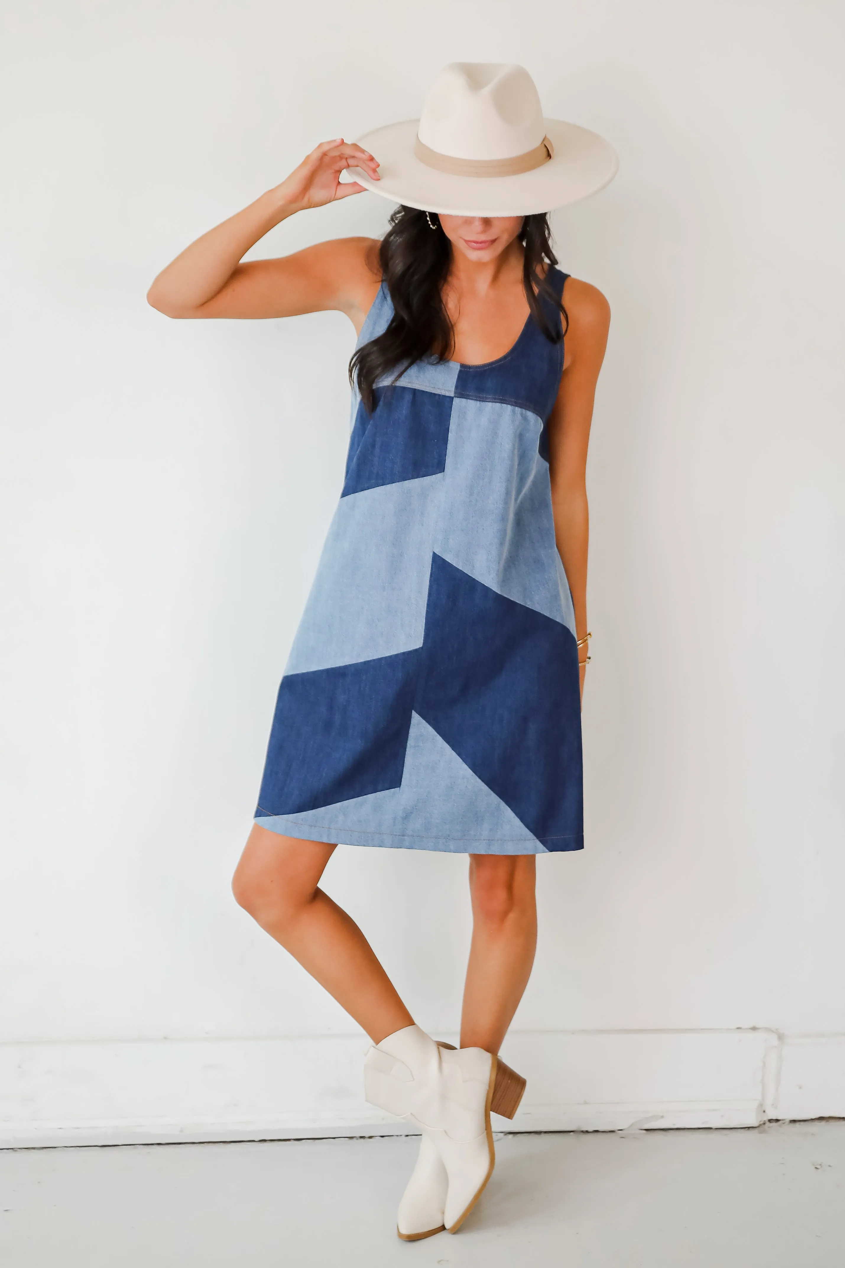 FINAL SALE - Sincerely Poised Denim Color Block Mini Dress