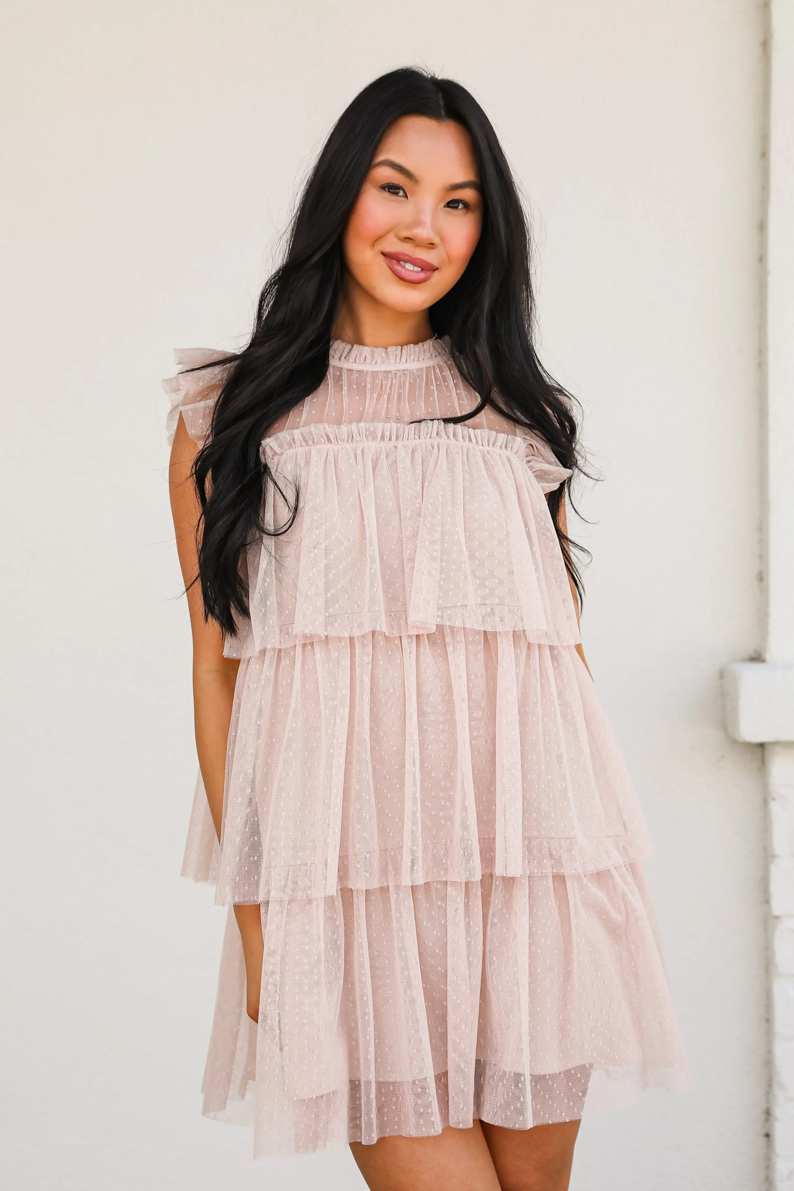 FINAL SALE - So Dreamy Nude Tulle Tiered Mini Dress