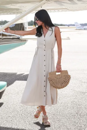FINAL SALE - Sophisticated Company Khaki Button Front Maxi Dress
