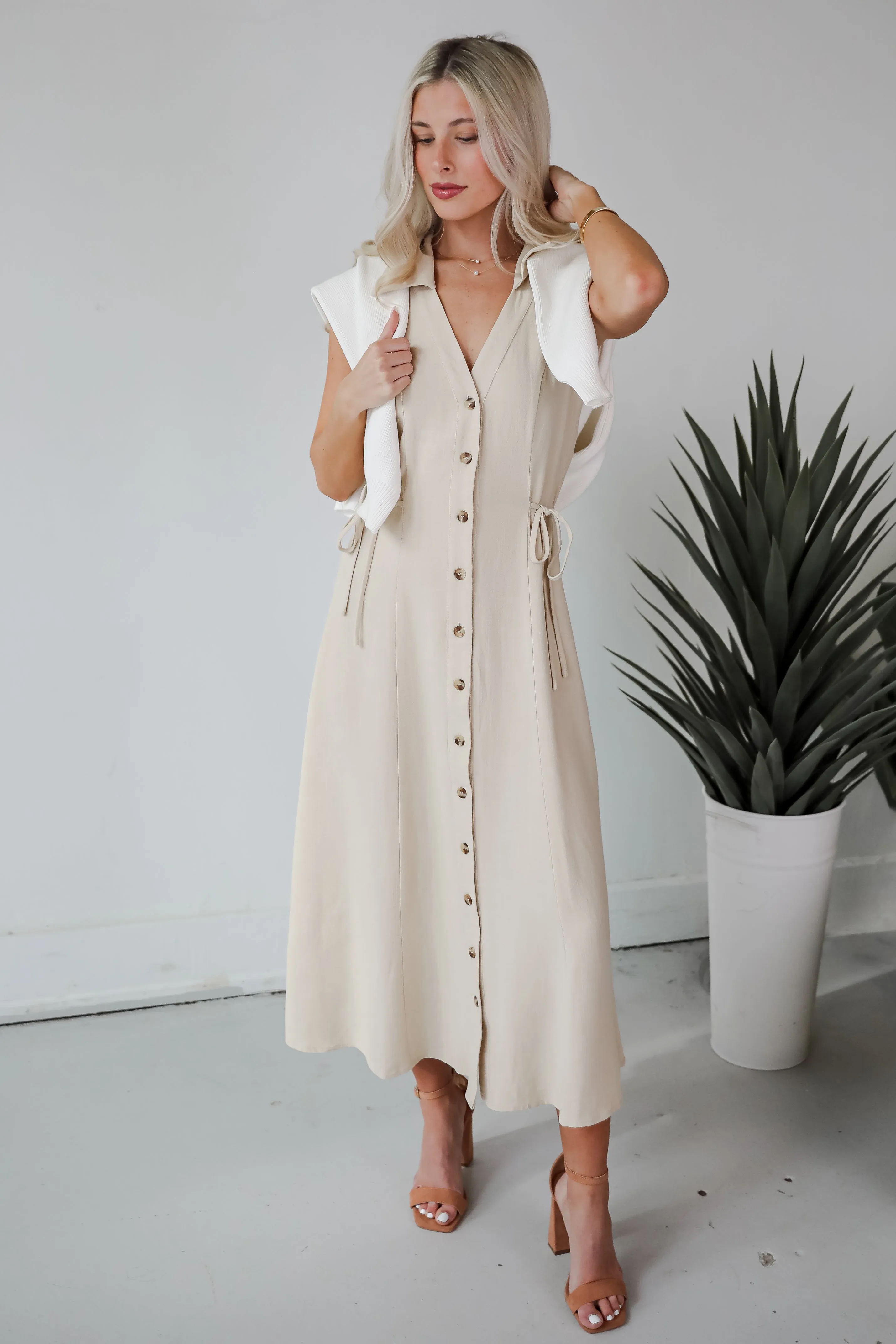 FINAL SALE - Sophisticated Company Khaki Button Front Maxi Dress