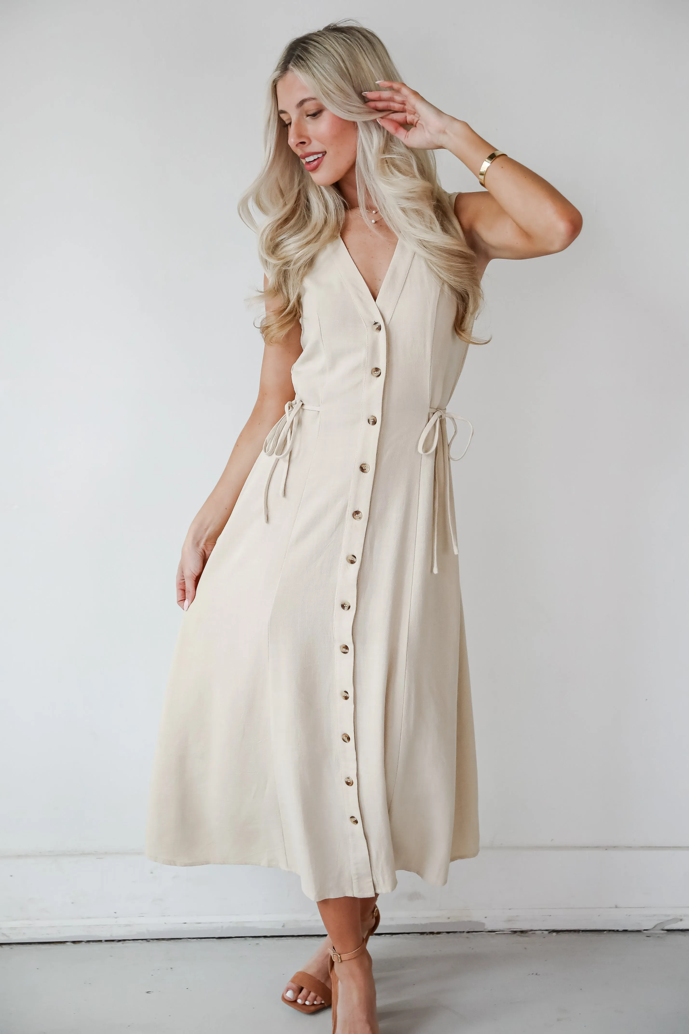 FINAL SALE - Sophisticated Company Khaki Button Front Maxi Dress