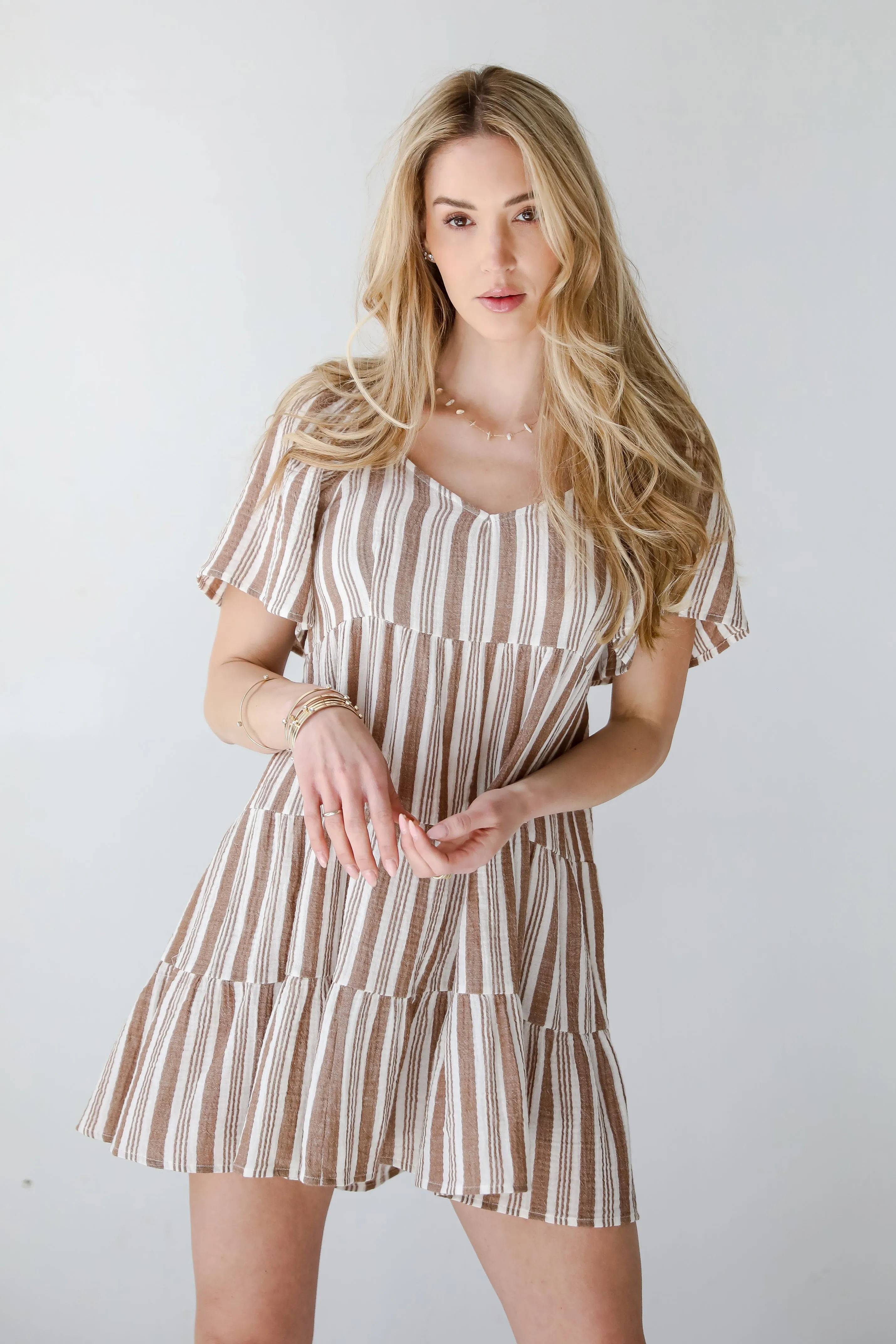 FINAL SALE - Springtime Sweetie Off White Striped Linen Tiered Mini Dress