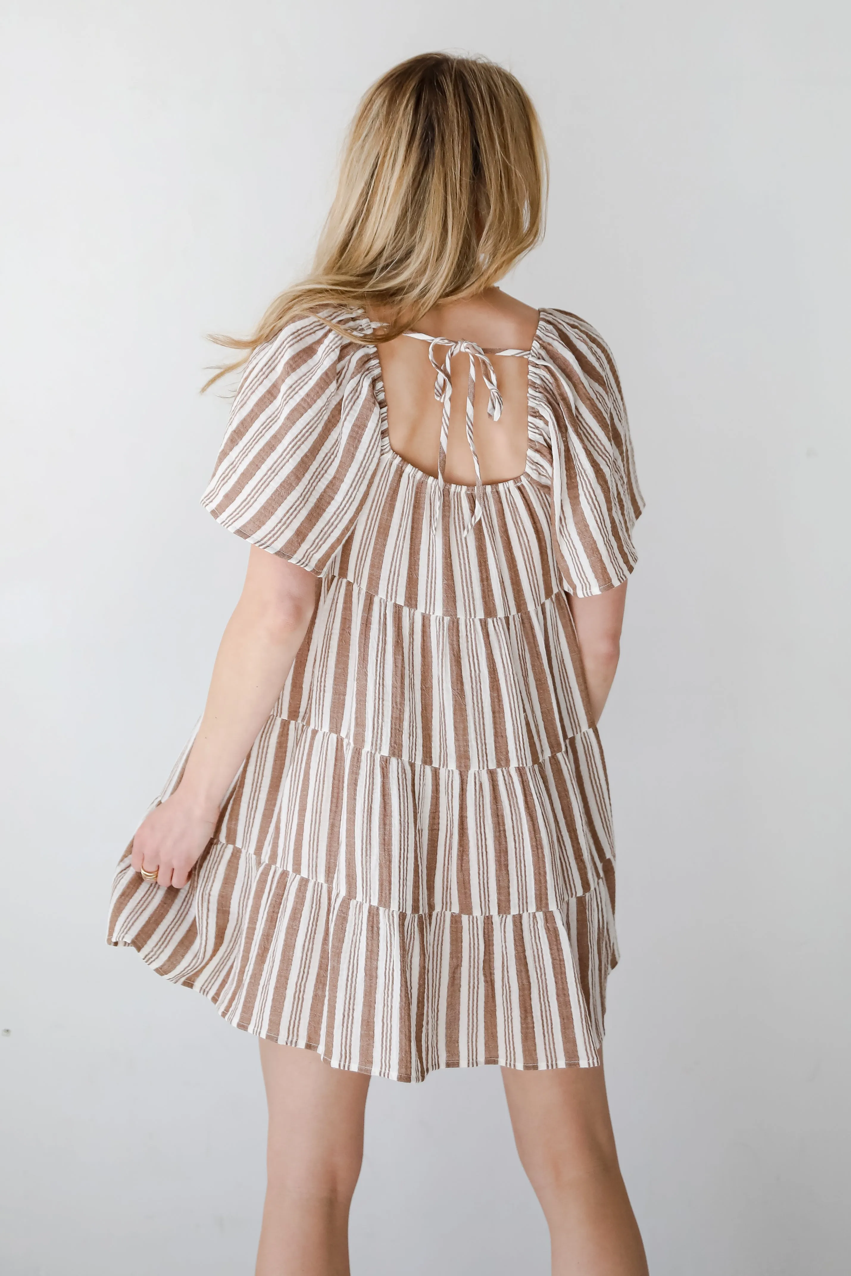 FINAL SALE - Springtime Sweetie Off White Striped Linen Tiered Mini Dress