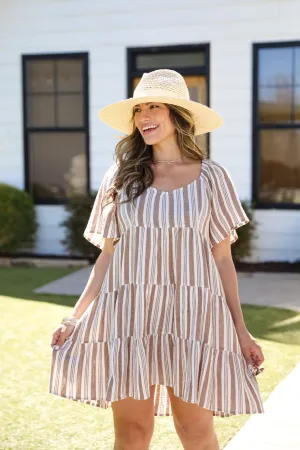 FINAL SALE - Springtime Sweetie Off White Striped Linen Tiered Mini Dress